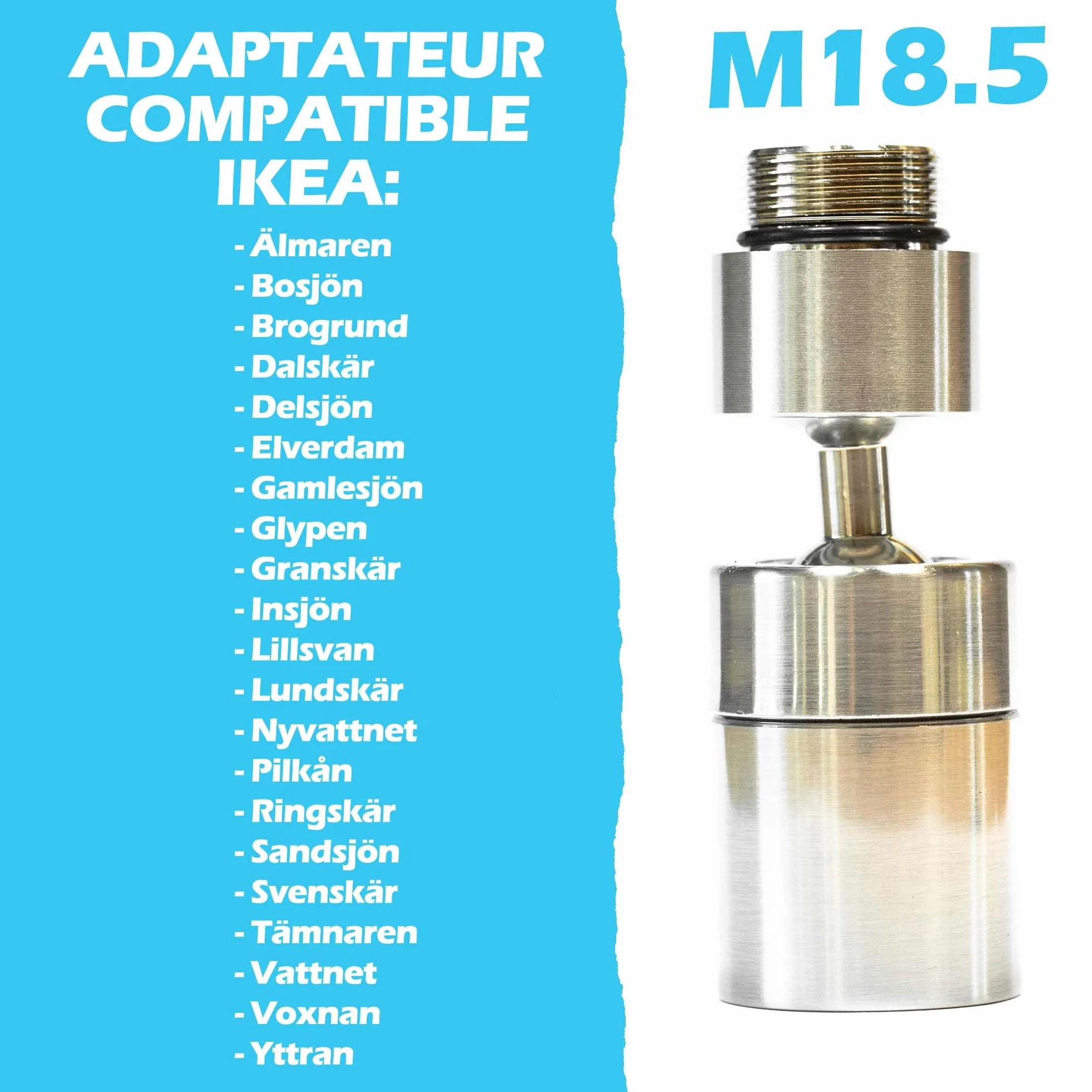 Aerator ze szczotkowanego niklu kompatybilny z kranami IKEA M18.5. Obrót o 360° i nachylenie 80°. Wbudowany filtr.