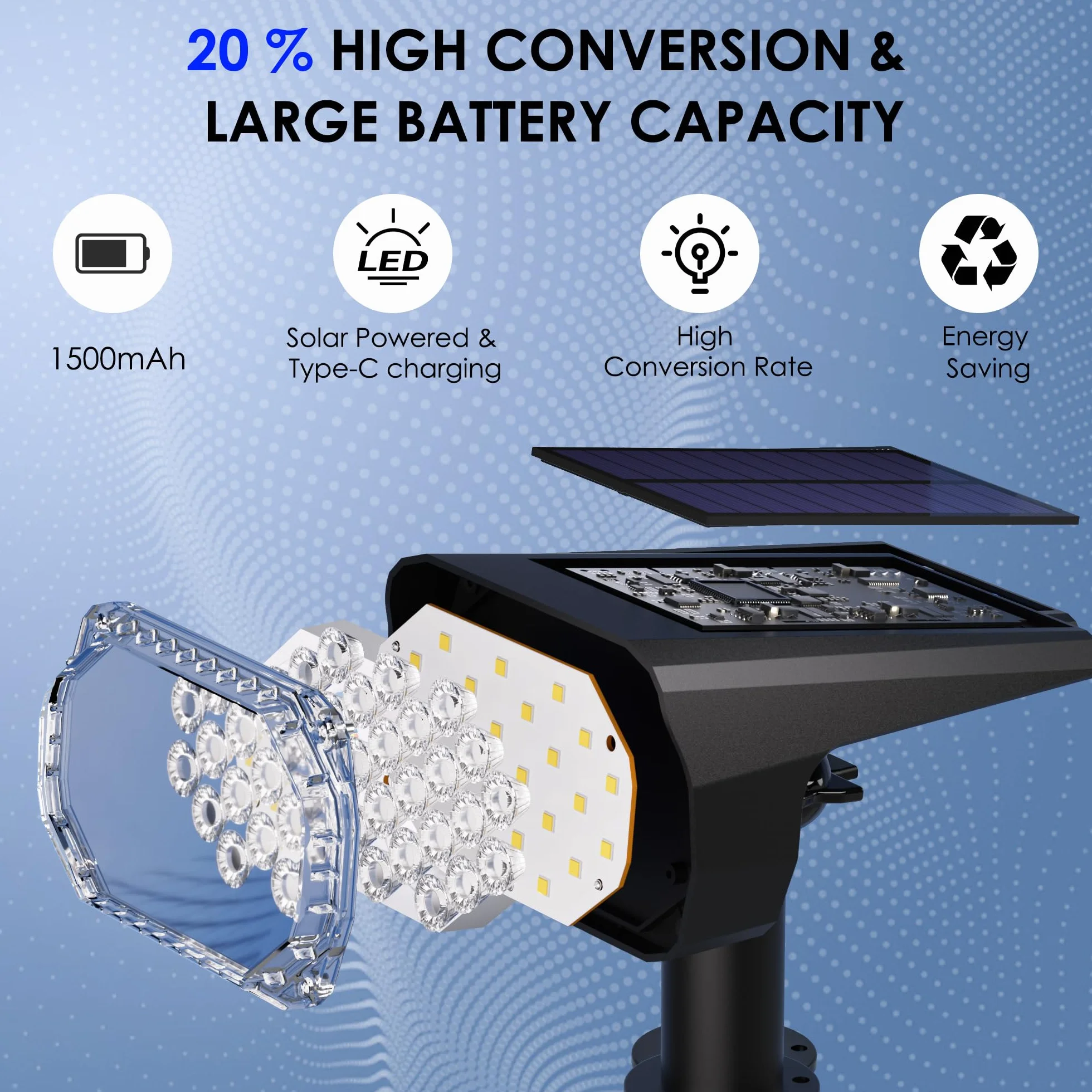 Quntis Zestaw 2 zewnętrznych lamp solarnych IP65 Wodoodporny USB C do ogrodu