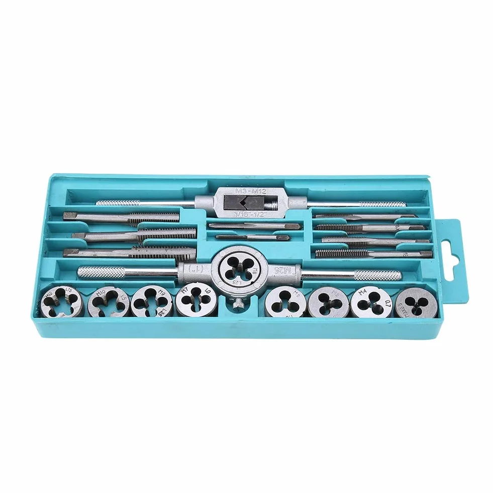 Kartki i matryce ustawione 20pcs M3 - M12 | Zestaw naprawy gwintu o wysokiej prędkości | Tap & Die Set do obróbki metalu/motoryzacyjnego/maszyny | 9 kranów 9 umiera z
