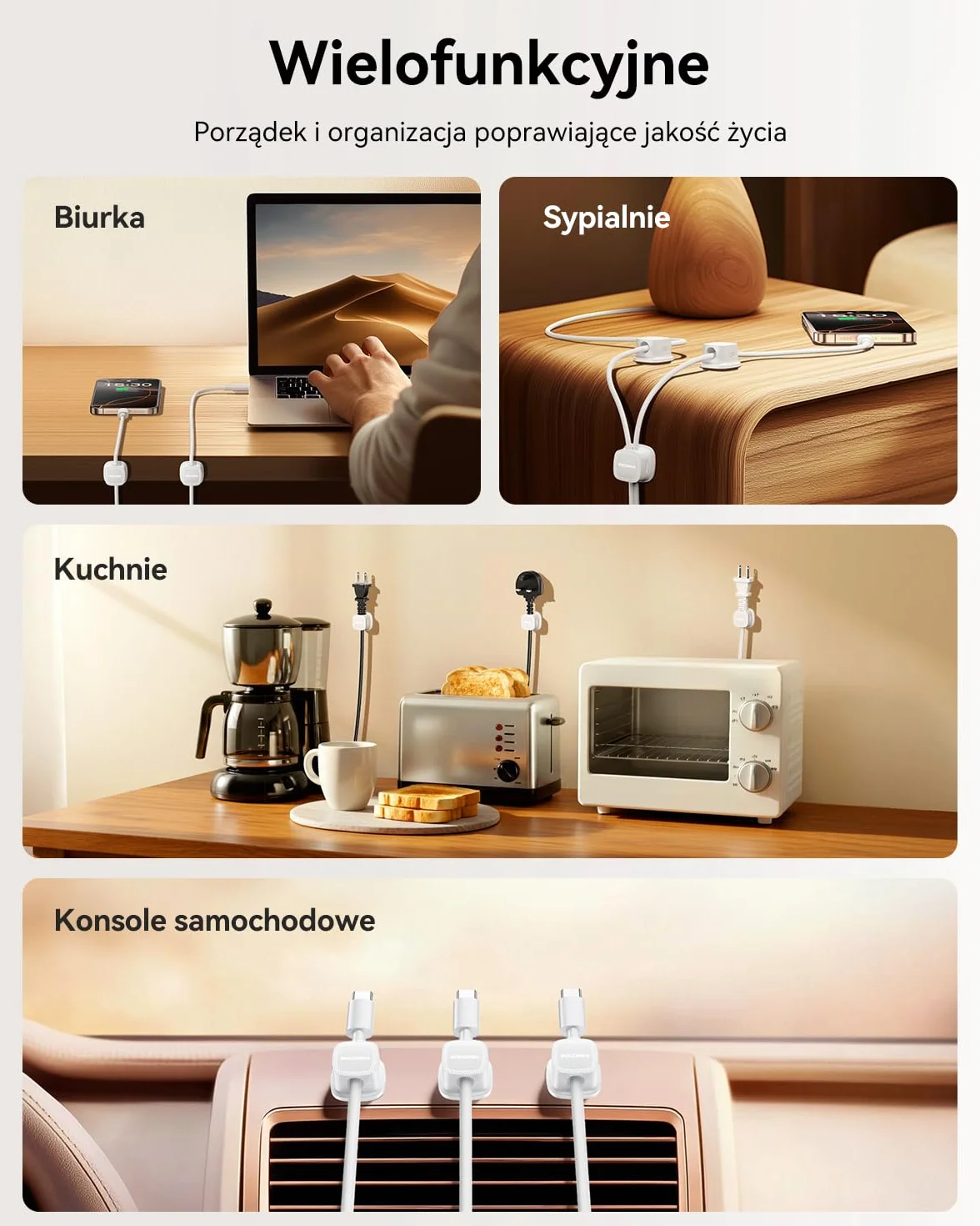 Rocoren 6 sztuk magnetycznych klipsów kablowych, samoprzylepny organizer kabli do domu, biura, biurka, telefonu, samochodu, ściany, biurka, szafki nocnej (6, Biały)