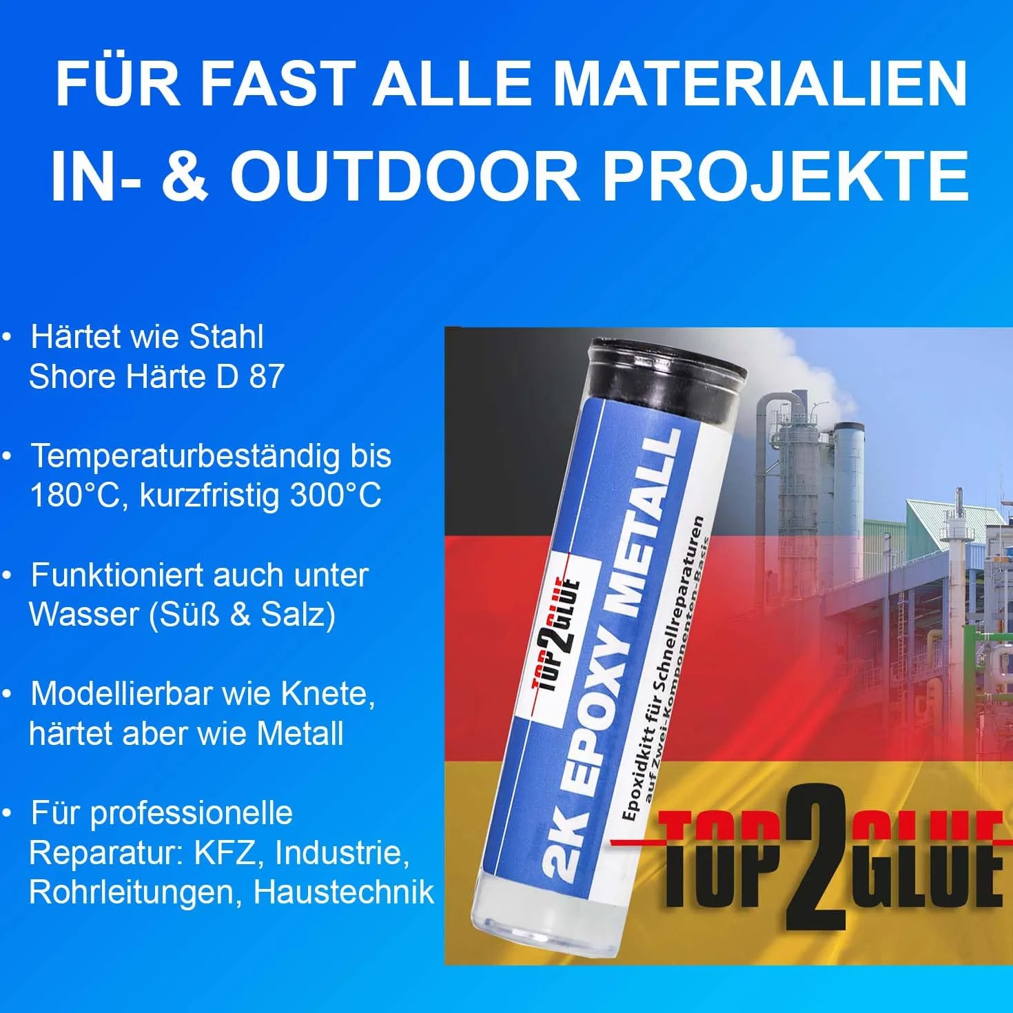 Top2Glue 2-składnikowy zestaw epoksydowy do szybkich napraw – zimny metal – narzędzia – masa naprawcza – masa z żywicy epoksydowej – 2-składnikowa żywica epoksydowa z utwardzaczem (1 sztuka)