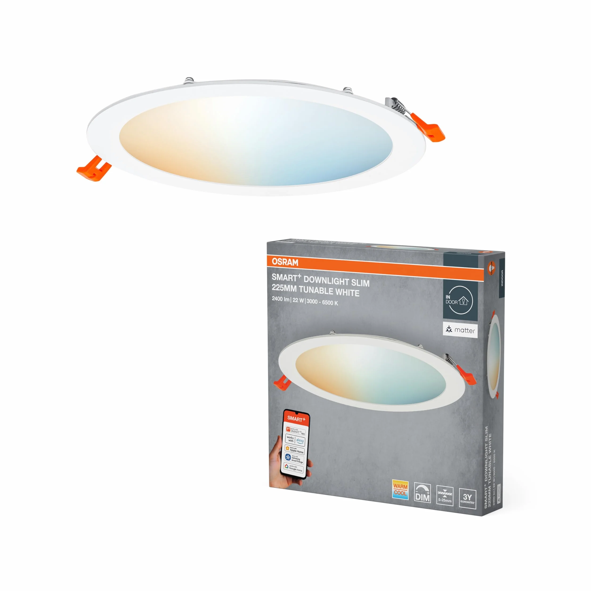 OSRAM SMART+ Matter Recess Slim LED Downlight Biały 225mm, 22W, 2000lm, TW 3000-6500K, Matter WiFi, Alexa, Wpuszczany