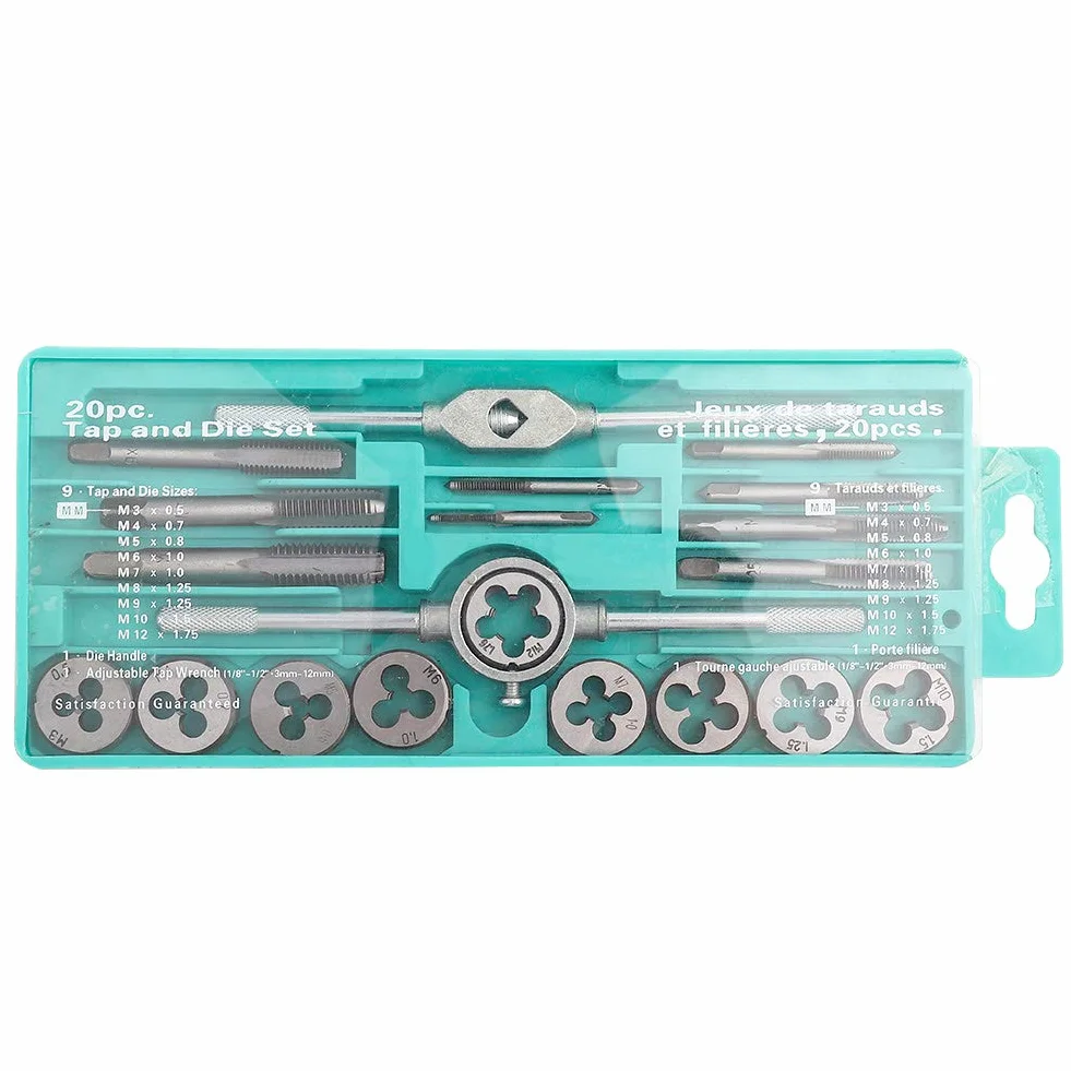 Kartki i matryce ustawione 20pcs M3 - M12 | Zestaw naprawy gwintu o wysokiej prędkości | Tap & Die Set do obróbki metalu/motoryzacyjnego/maszyny | 9 kranów 9 umiera z