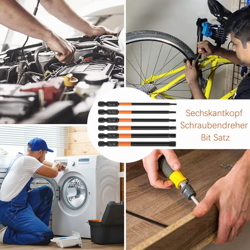 6 sztuk 100 mm zestaw bitów magnetycznych z łbem sześciokątnym 1/4 cala, trzpień sześciokątny, zestaw bitów S2, stal Hex, zestaw bitów sześciokątnych (H2/H2.5/H3/H4/H5/H6)