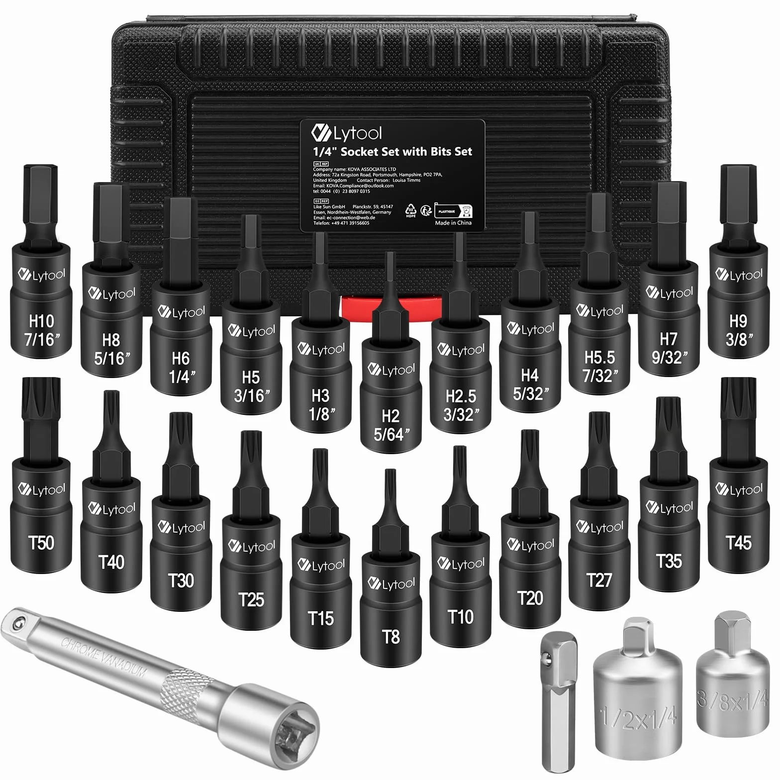 Lytool 1/4" 25-częściowy zestaw kluczy nasadowych Torx i Hex z adapterami