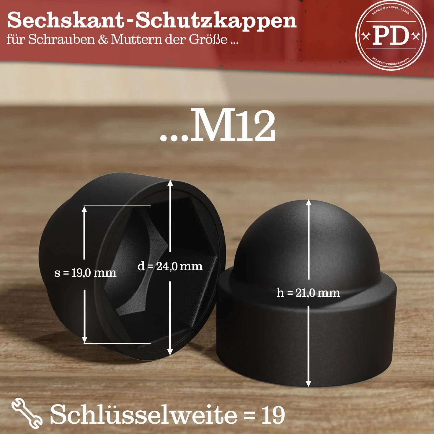 PD® Sześciokątne nasadki ochronne M12 (szerokość przez płaszczyzny 19) | Czarne nakrętki do śrub z tworzywa sztucznego | Nakrętki do nakrętek i łba śruby | Czarne zaślepki do śrub | 10 sztuk