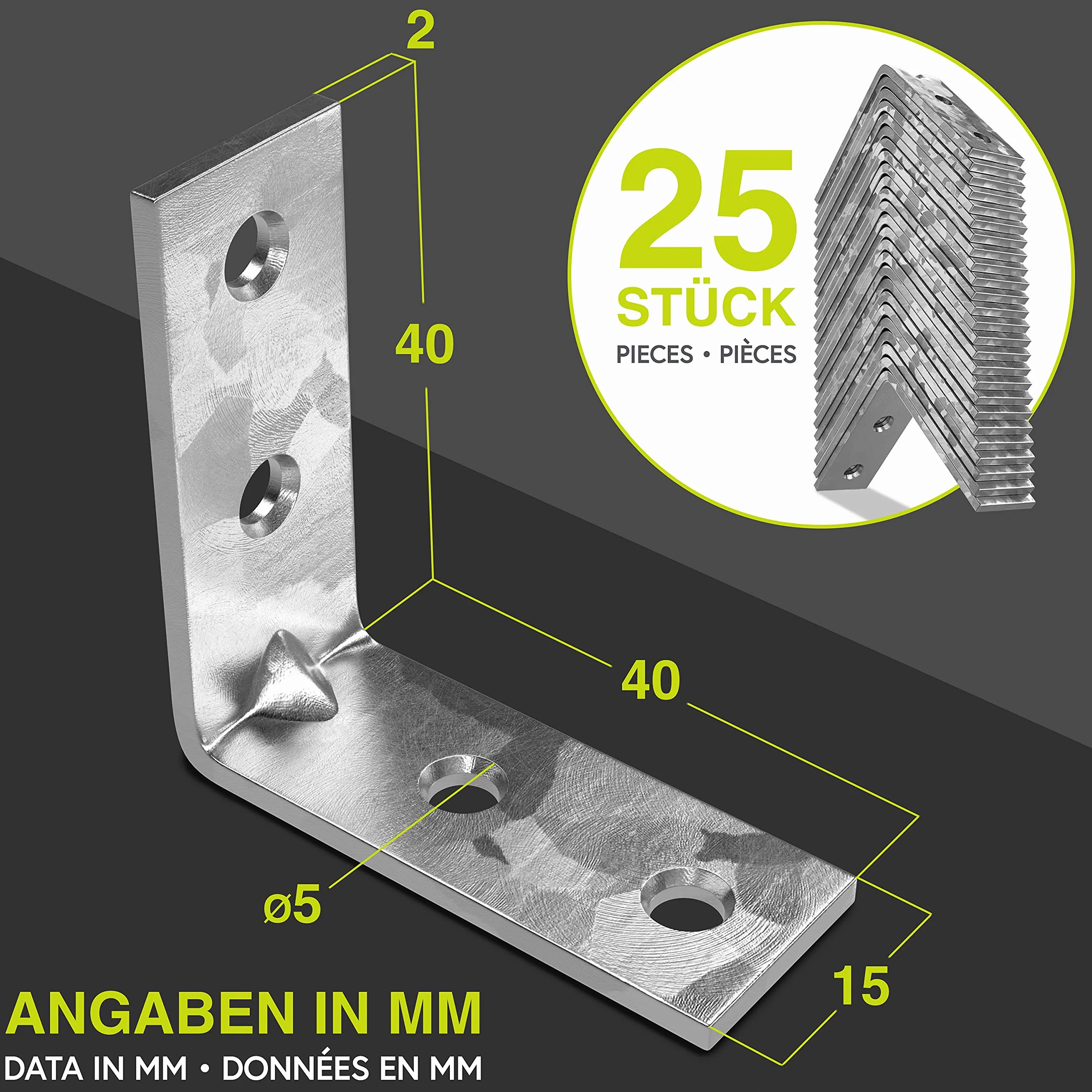 Premium łącznik kątowy | 25 sztuk 40 x 40 x 15 x 2 mm | kątownik, uchwyt kątowy, kąt L, metalowy kąt, kątownik krzesła, kątownik stalowy, do dużych obciążeń | stal nierdzewna