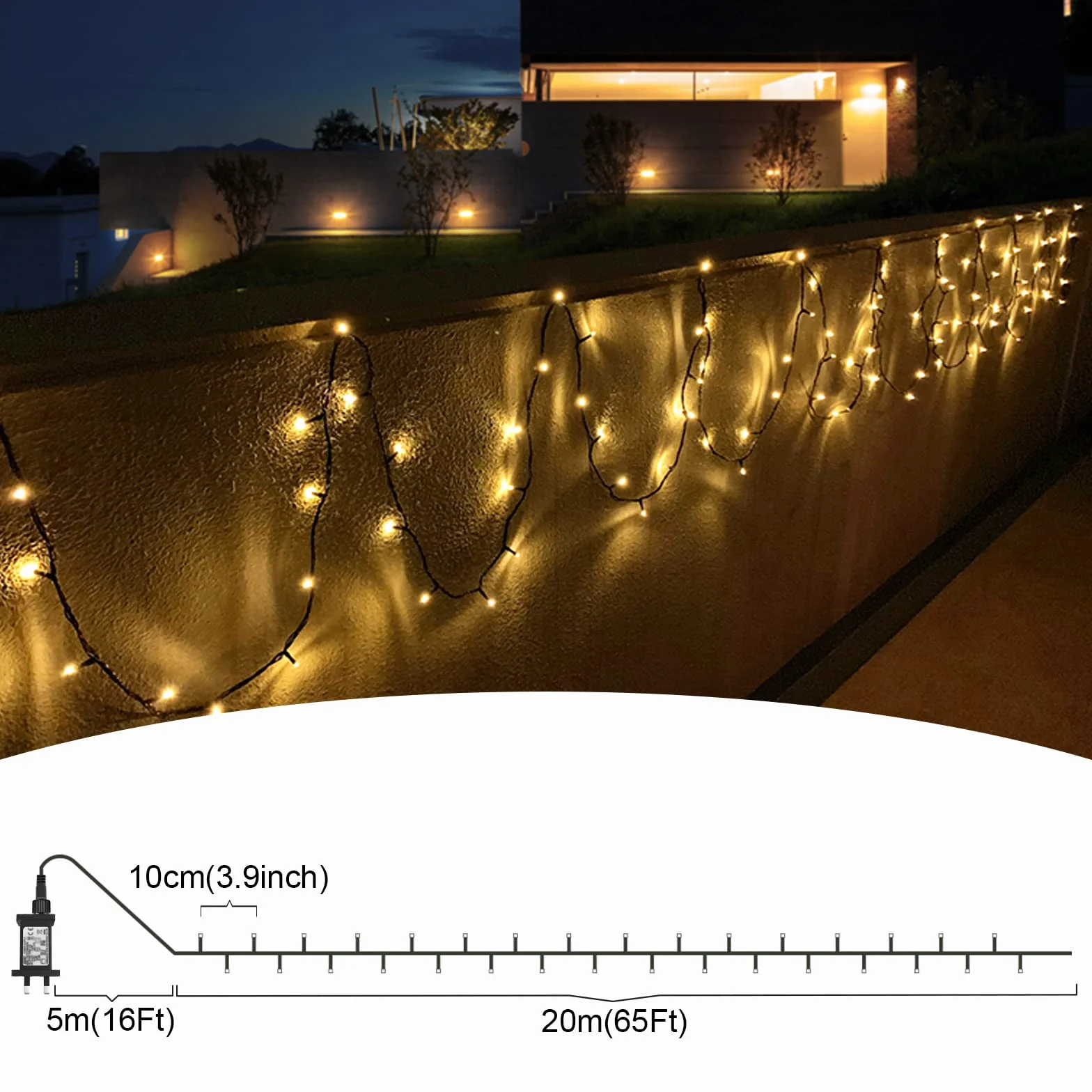 cshare Bożonarodzeniowy łańcuch świetlny na zewnątrz, 20 m, 200 diod LED, prąd z timerem, 8 trybów pracy, wodoszczelny, na choinkę, do ogrodu, na zewnątrz, do wnętrz, ciepła biel