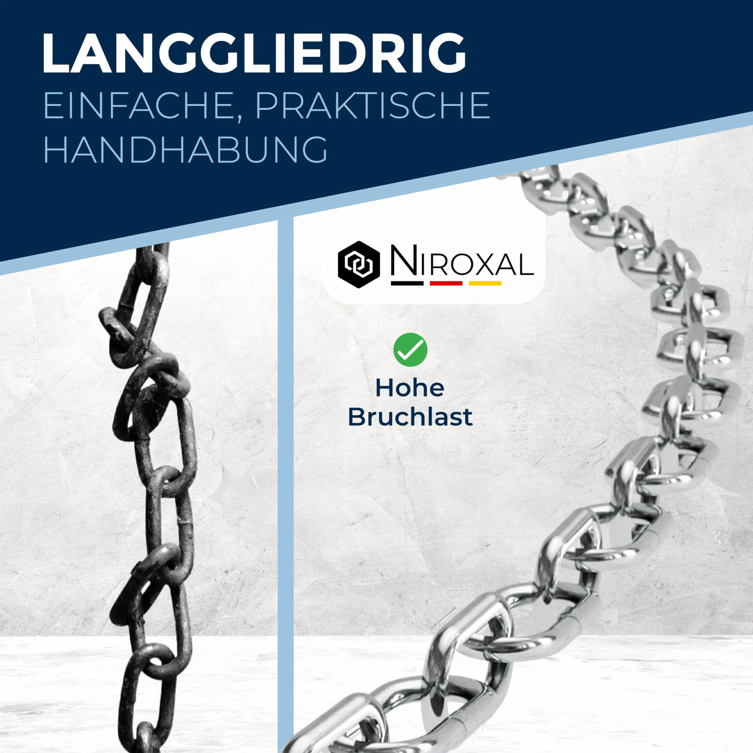 NietFullThings łańcuch ze stali nierdzewnej V4A, długie ogniwa, wiele długości i grubości, łańcuch kotwiczny, DIN 5685 DIN 763, towar sprzedawany na metry, nierdzewny łańcuch ogniwowy Niro Inox, łańcuch zabezpieczający, łańcuch do mocowania boi wielokolor