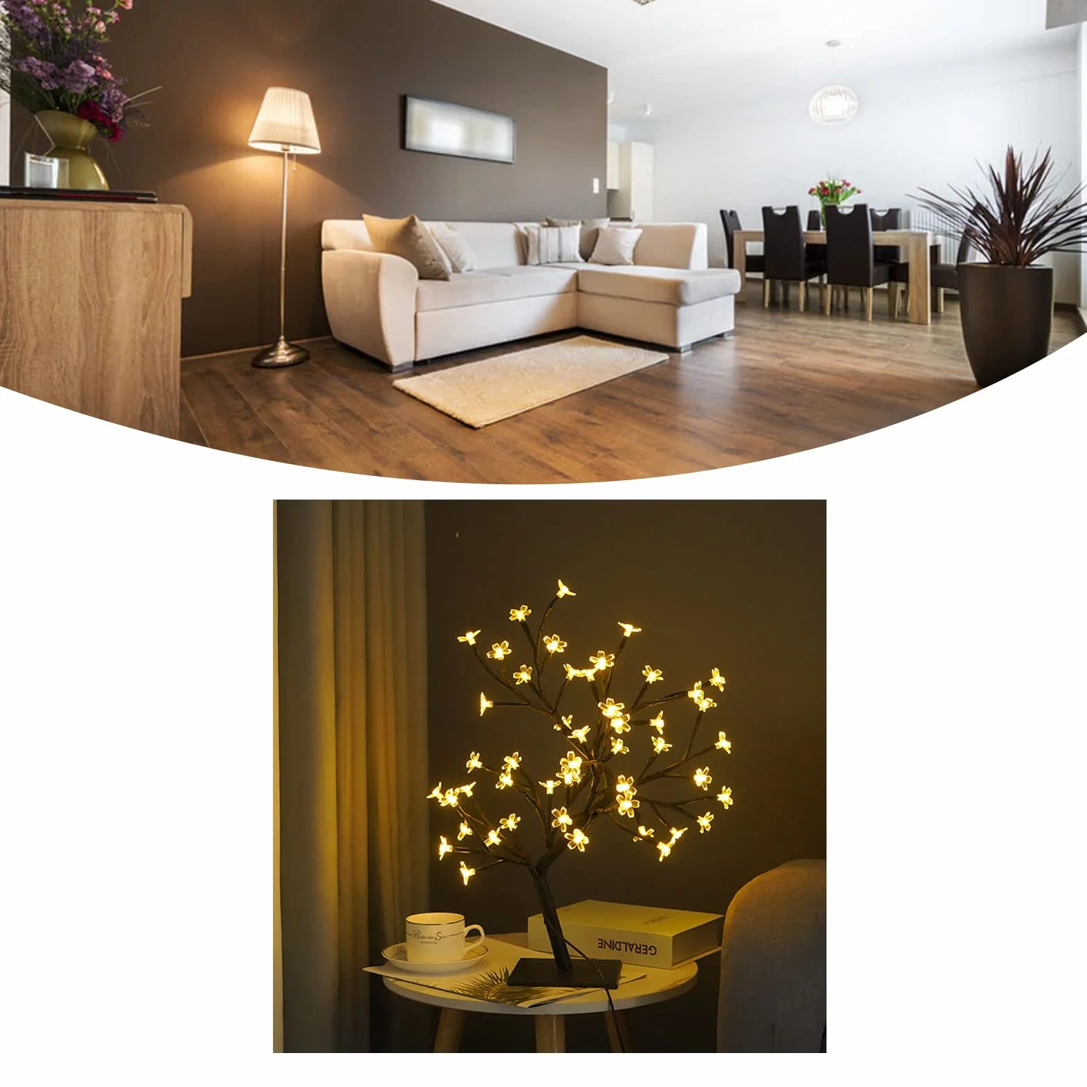 Lampka Stołowa LED w Kształcie Drzewa Bonsai USB Lampka w Kształcie Drzewa Świąteczna Dekoracja Sypialni Lampka Nocna na stół (Czarny 48 świateł)