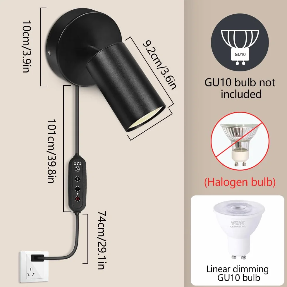 HOTUT GU10 Lampa ścienna z wtyczką i kablem, czarny mat, obracana 350°, metal