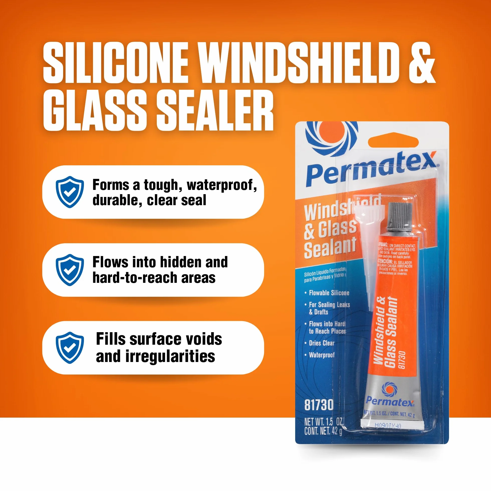 Permatex 81730 Płynna silikonowa uszczelka do szyb i szkła, pomaga uszczelnić wycieki w ukrytych i trudno dostępnych miejscach, tworzy wytrzymałą, wodoodporną, trwałą przezroczystą uszczelkę 1 x 42 g