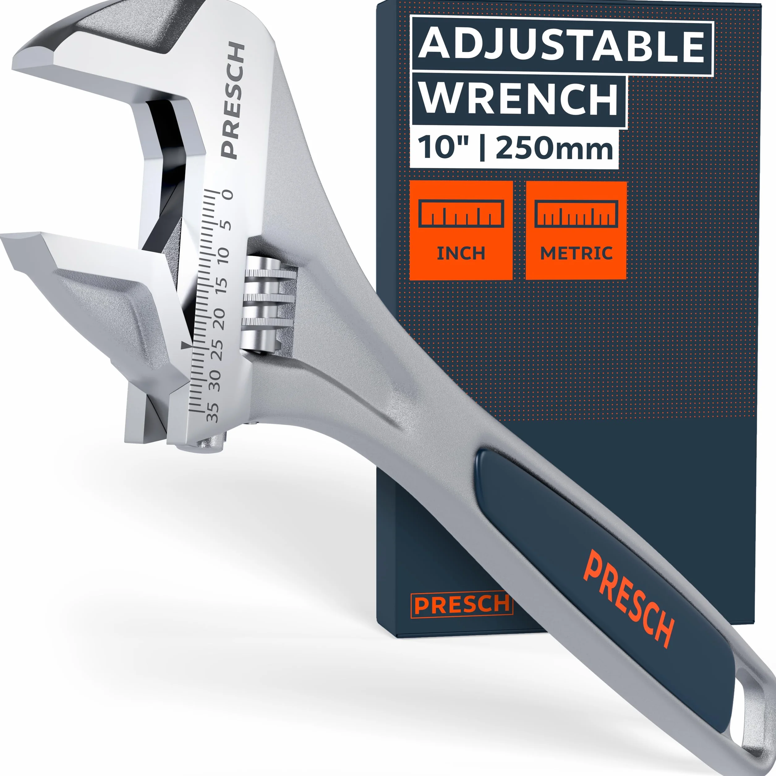 Presch Klucz nastawny 250mm - Laserowo grawerowana skala 35 mm (metryczna i calowa) - Precyzyjnie frezowany dla optymalnego chwytu - Solidny, regulowany klucz - Wysokiej klasy narzędzie