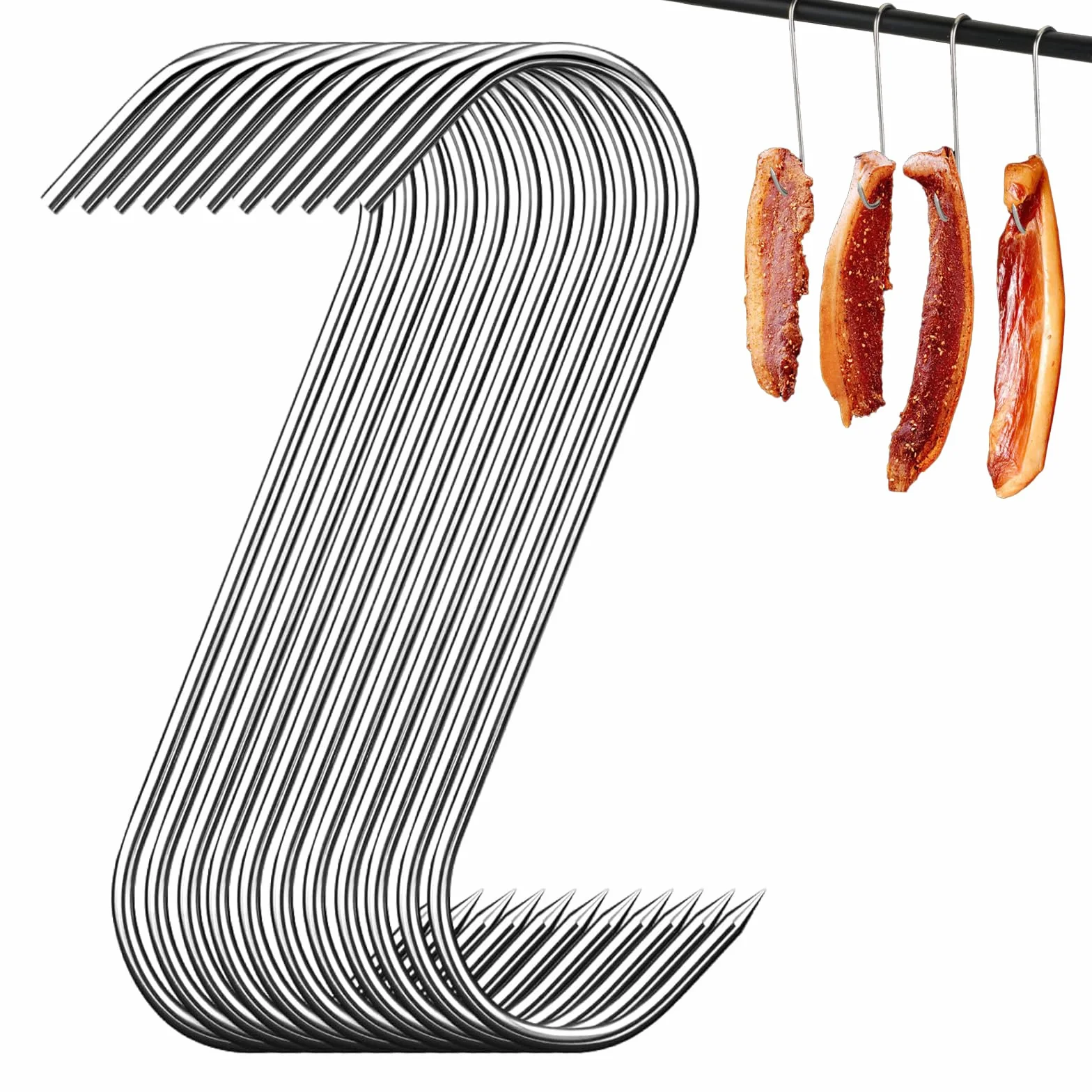 30 szt. Haczyk mięsny S, 180 × 3 mm hak w kształcie litery S ze stali nierdzewnej, wielokrotnego użytku haczyki rzeźnika, małe haczyki S odpowiednie do wieszania mięsa, kiełbasy i dekoracji