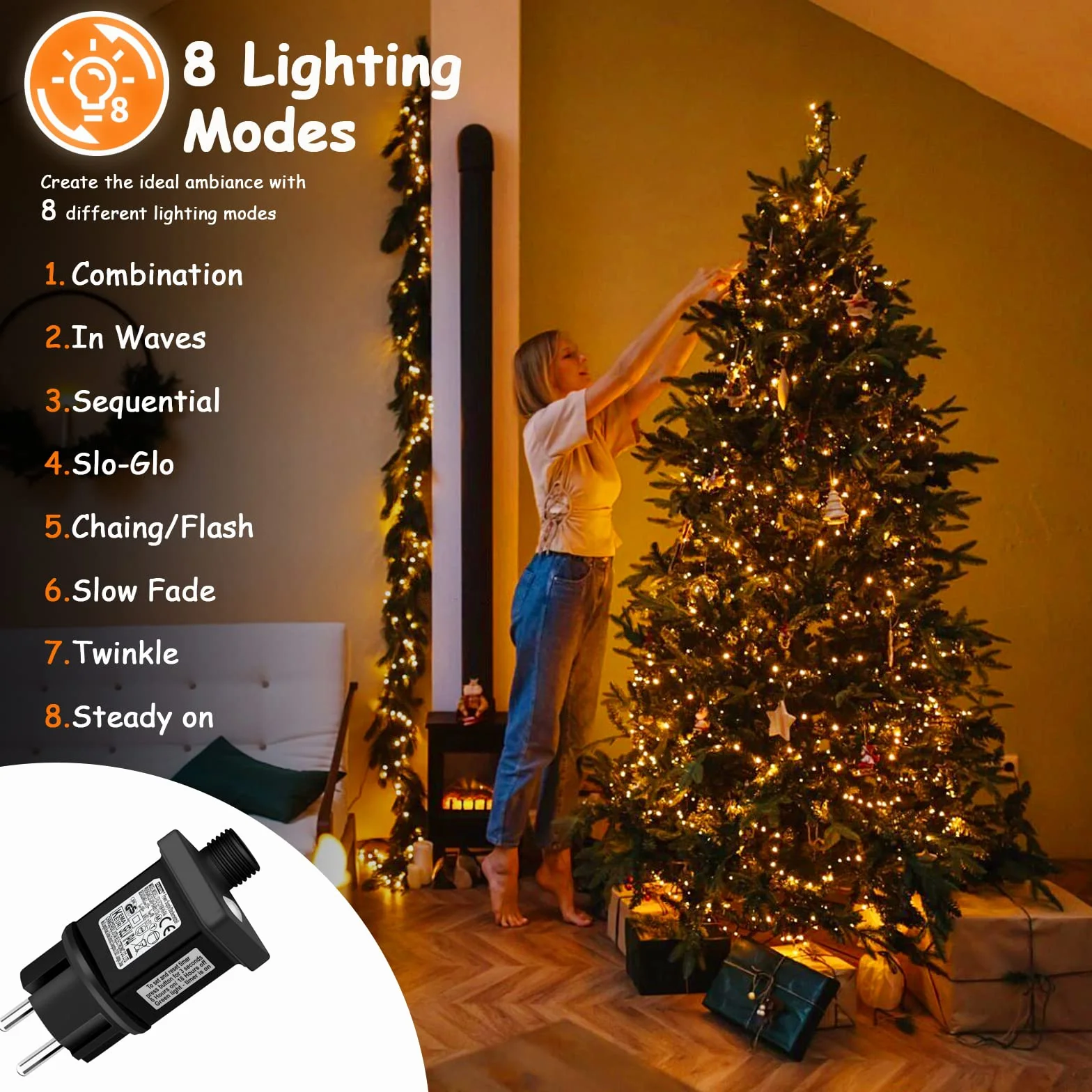 cshare Bożonarodzeniowy łańcuch świetlny na zewnątrz, 20 m, 200 diod LED, prąd z timerem, 8 trybów pracy, wodoszczelny, na choinkę, do ogrodu, na zewnątrz, do wnętrz, ciepła biel