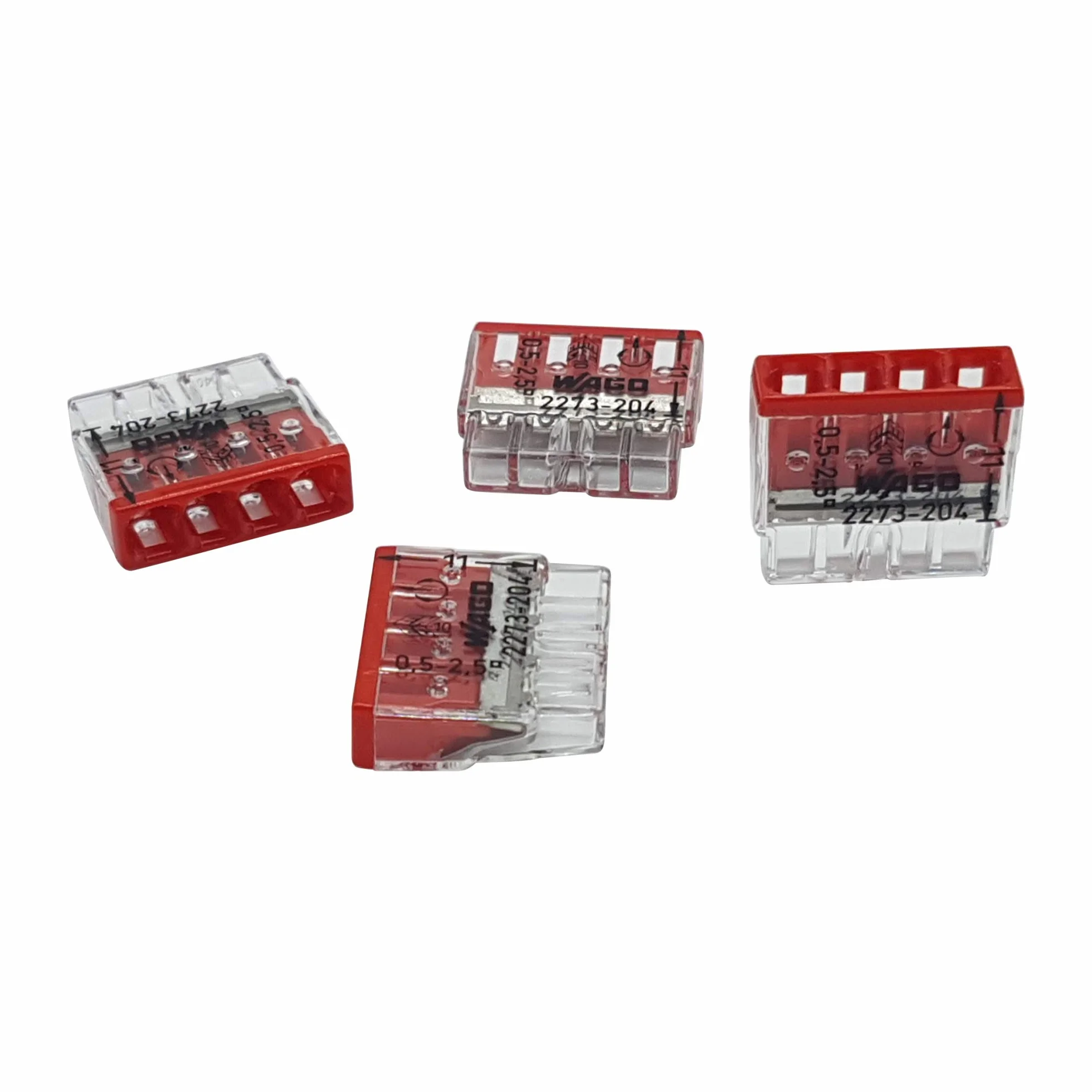 30 sztuk Wago 2273-204 COMPACT zaciski przyłączeniowe Ø 0,5-2,5 mm², 4-biegunowe, przezroczyste/czerwone