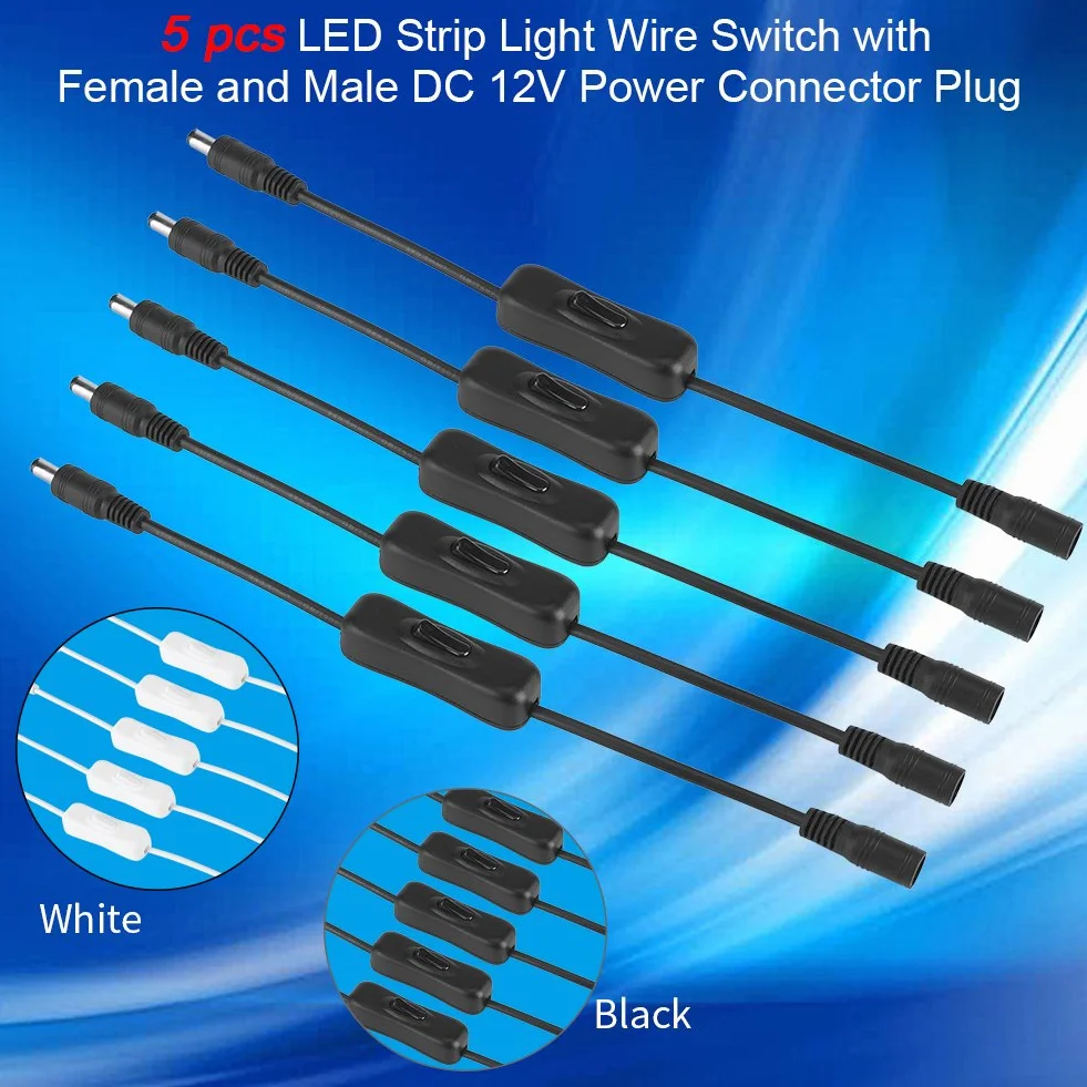 Przełącznik liniowy Dc 12 V, 5 szt. Włącznika/wyłącznika taśmy LED Włącznik/wyłącznik Dc Jack (5,5 x 2,1 mm) z kablem Złącza męskie na żeńskie do taśmy LED, Złącza zasilacza prądu stałego