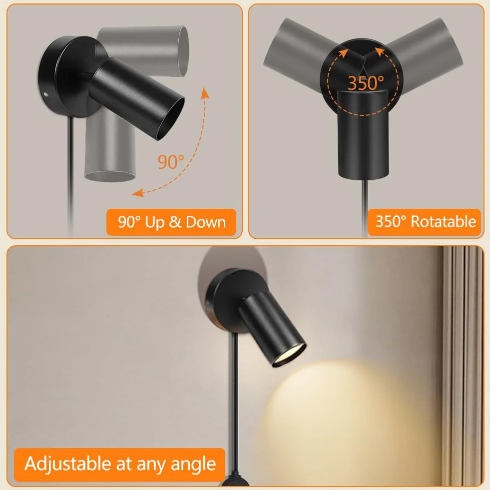 HOTUT GU10 Lampa ścienna z wtyczką i kablem, czarny mat, obracana 350°, metal