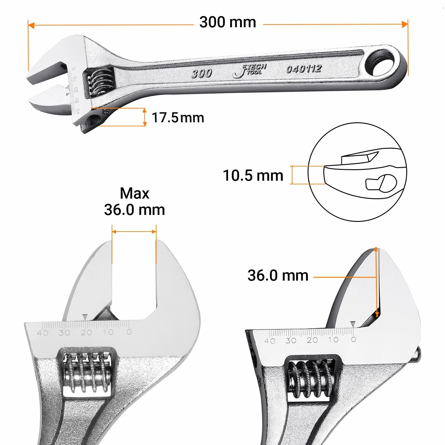 Jetech 12-Inch Adjustable Wrench - Professional Heavy Duty Chrome Vanadium Steel Shifter Spanner with Inch/Metric Scale Wide Caliber Opening