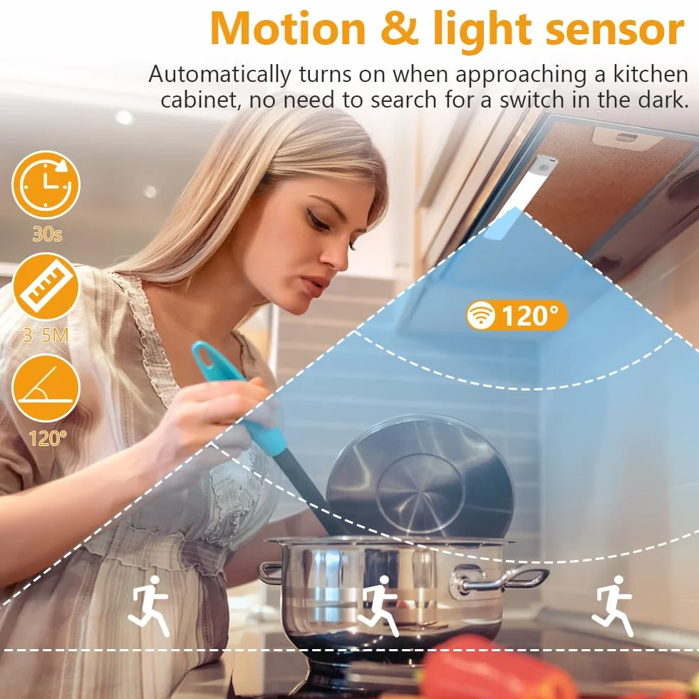 Vicloon Lampa LED z czujnikiem ruchu, lampa kuchenna, oświetlenie podszafkowe, magnetyczne oświetlenie szafki, 3 kolory, możliwość ściemniania, do szafki, kuchni, schodów, korytarza, kampera