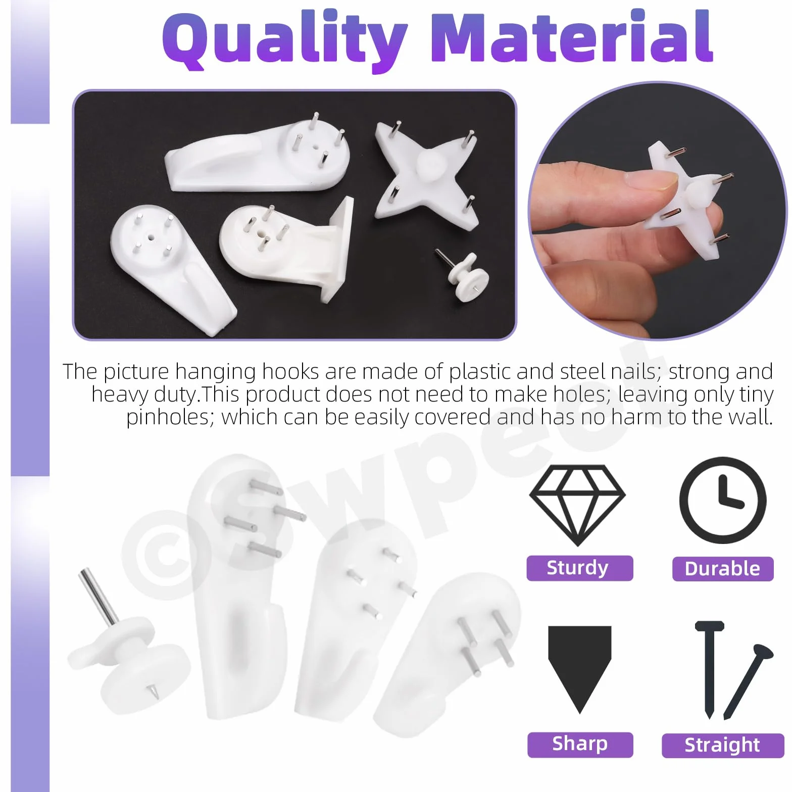 Swpeet Concrete Wall Hooks Kit 52 haczyków do ścian betonowych, haczyki do zawieszania obrazów, wieszaki na ramki na zdjęcia, niewidoczne haczyki do wieszaków, bez uszkodzeń, haczyki ścienne z płyt