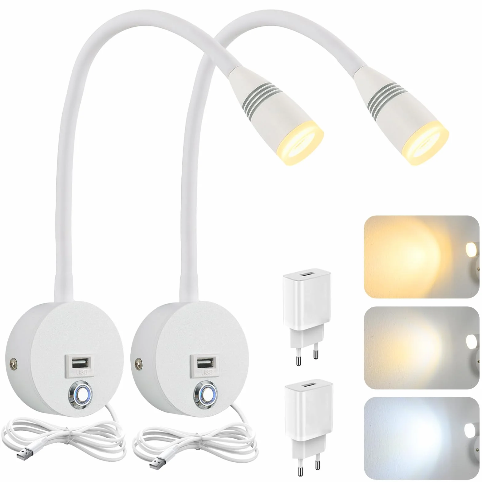 Lampa ścienna LED 6W do czytania z regulacją 3000K-6500K, ściemniana, 1,9 m