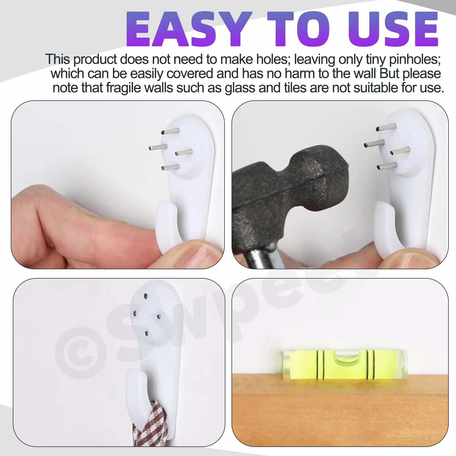 Swpeet Concrete Wall Hooks Kit 52 haczyków do ścian betonowych, haczyki do zawieszania obrazów, wieszaki na ramki na zdjęcia, niewidoczne haczyki do wieszaków, bez uszkodzeń, haczyki ścienne z płyt