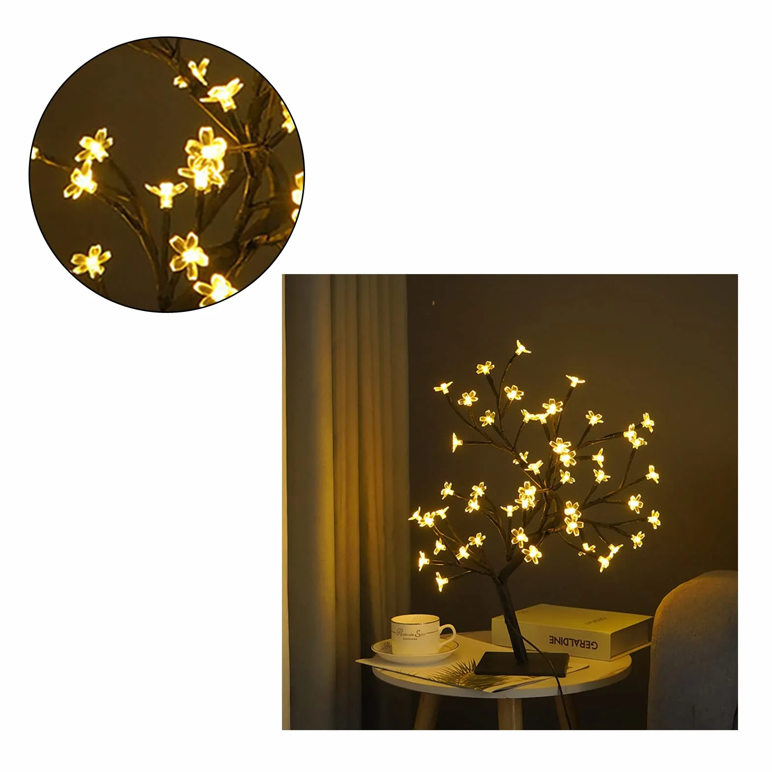 Lampka Stołowa LED w Kształcie Drzewa Bonsai USB Lampka w Kształcie Drzewa Świąteczna Dekoracja Sypialni Lampka Nocna na stół (Czarny 48 świateł)