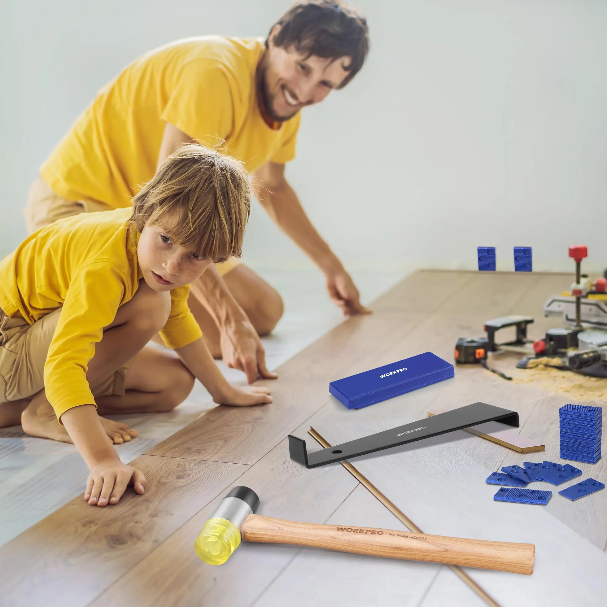 WORKPRO Narzędzia do podłóg laminowanych, zestaw podłogowy z 30 szt. przekładek podłogowych laminowanych, dwustronny młotek, drążek do ciągnięcia, blok do gwintowania