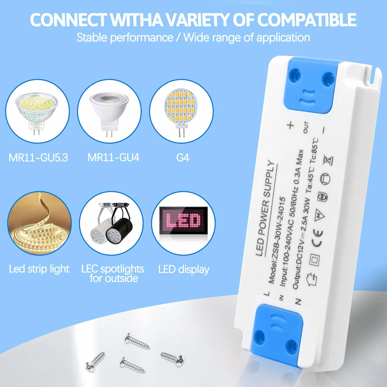 Transformator LED 30 W, ultracienki 24 V sterownik LED 240 V AC na 12 V DC 2,5 A, zasilacz o stałym napięciu, konwerter niskonapięciowy do oświetlenia taśmowego, downlight i żarówki G4, MR11, MR16
