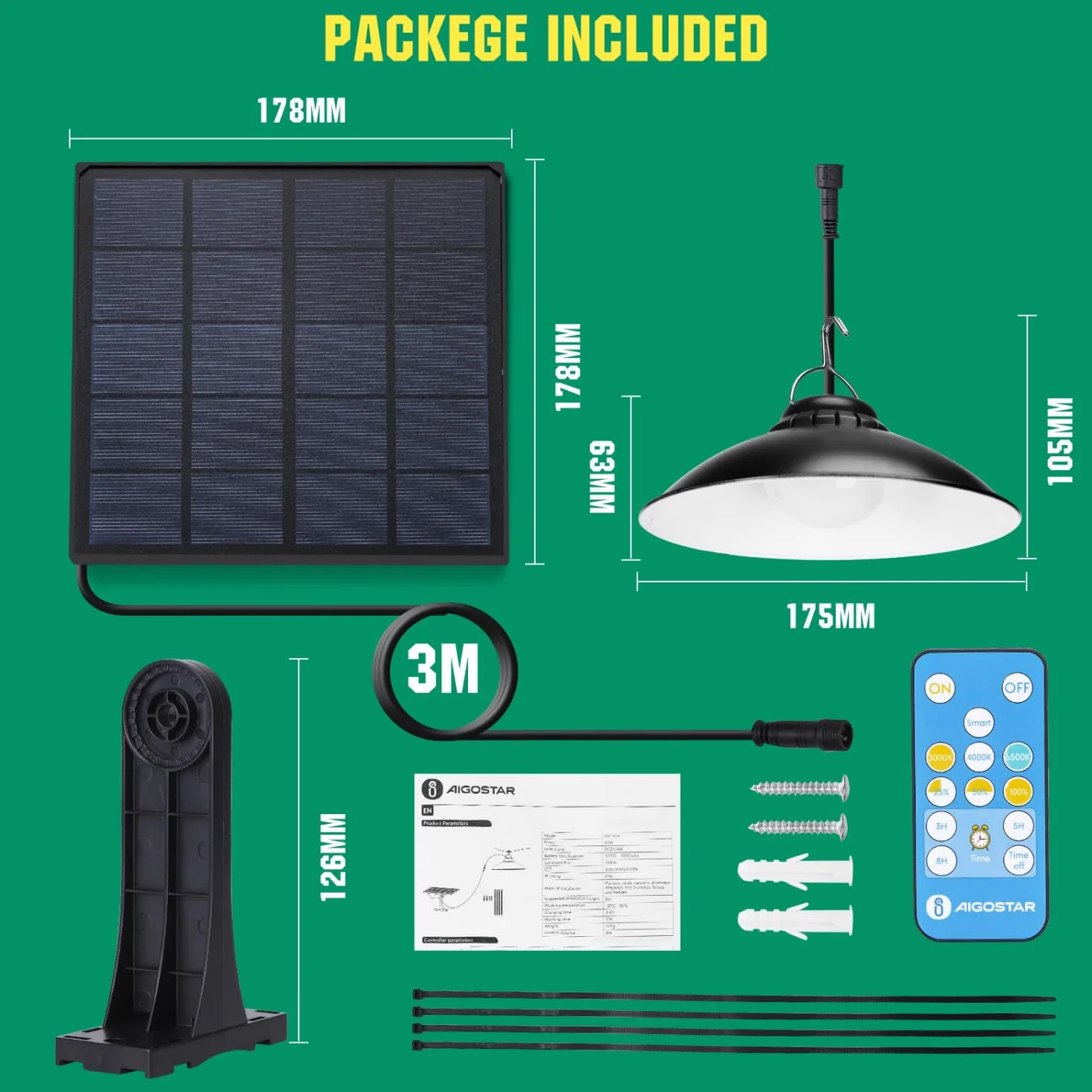 Aigostar Lampa Wisząca Solarna IP65 Wodoodporna z Pilotem Timerem Bateria 3M