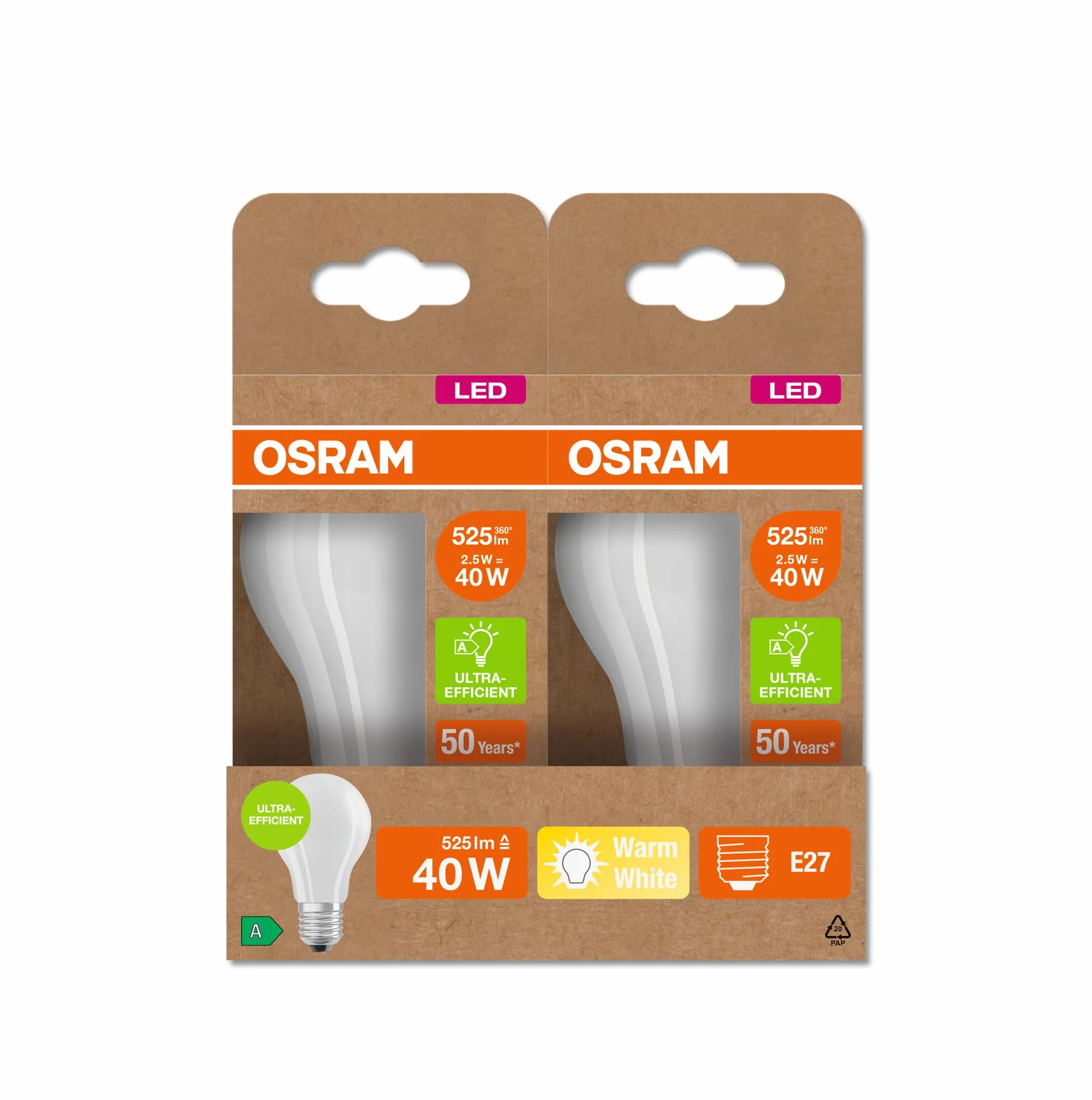 OSRAM LED lampa Energooszczędna, Żarówka Matowa, E27, Ciepła Biel 3000K, 2,5 W, Zastępuje Żarówkę 40W, Energooszczędna, 1 szt