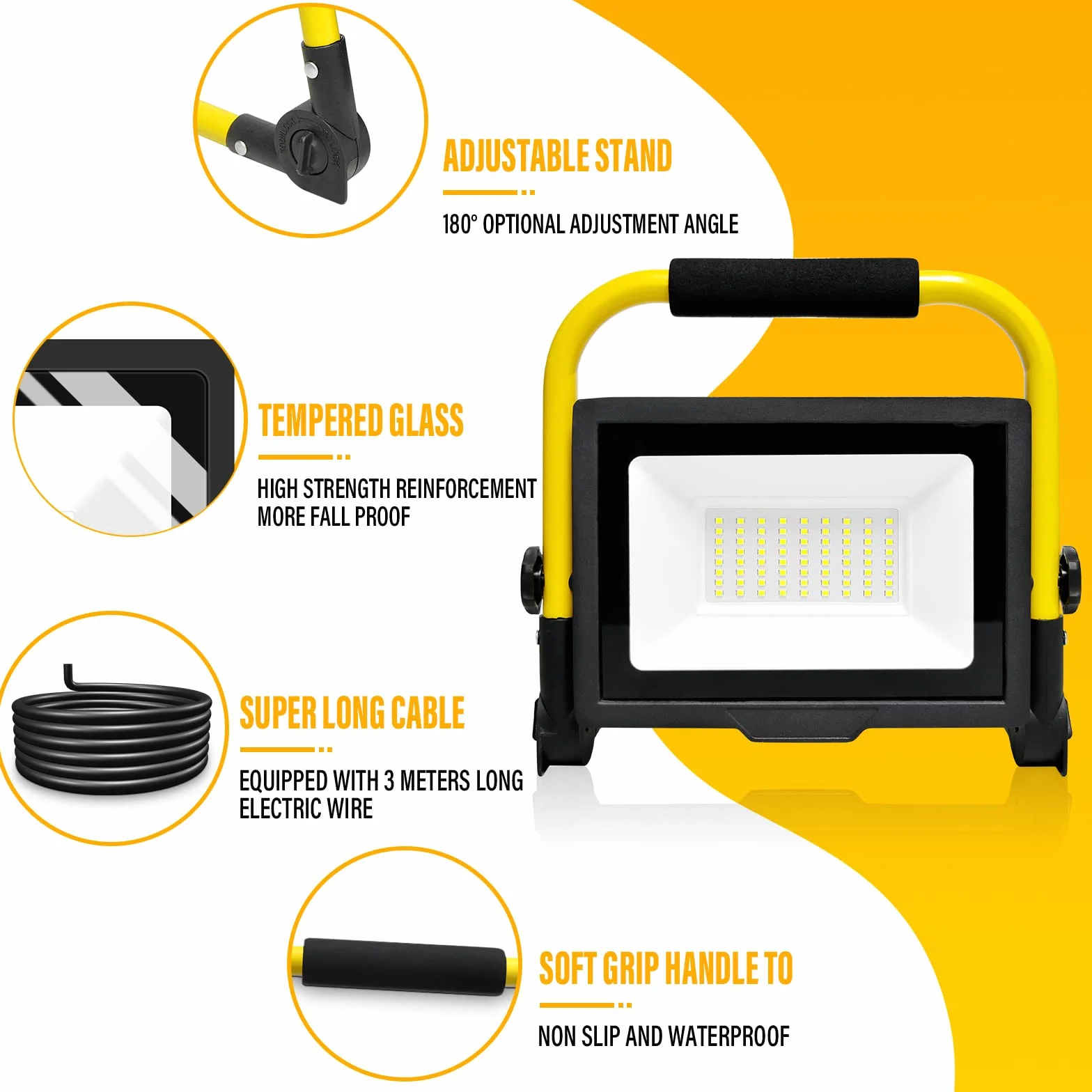 PICAA Reflektor budowlany LED 50 W z gniazdem, 3000 lm, przenośna składana lampa zewnętrzna, reflektor LED, obrót o 360°, do warsztatu, garażu, na taras, do ogrodu, wodoodporna IP66 6000K, biały