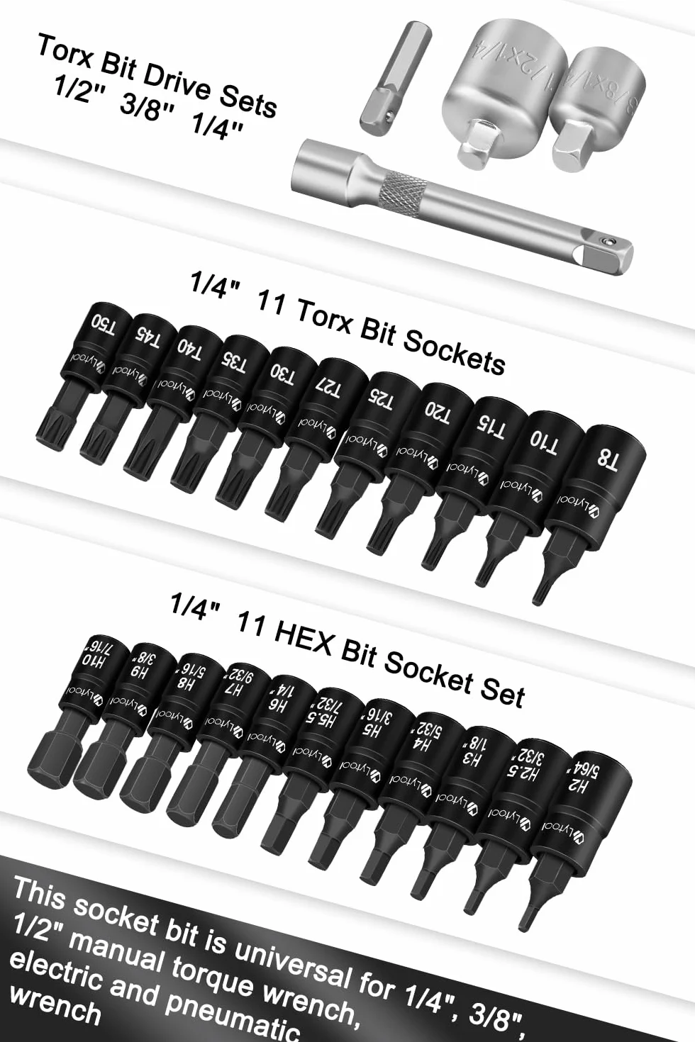Lytool 1/4" 25-częściowy zestaw kluczy nasadowych Torx i Hex z adapterami
