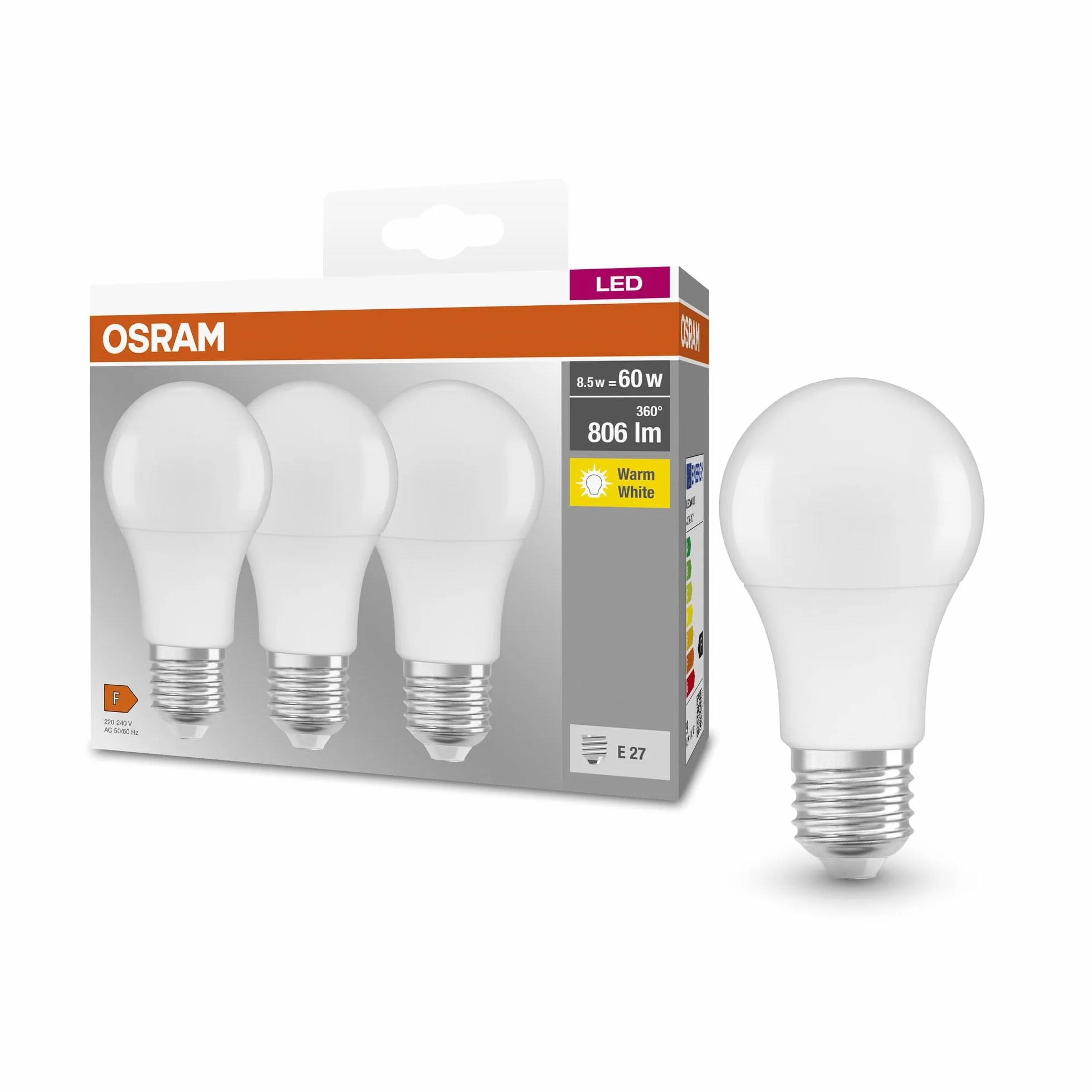 OSRAM Base Classic A 60 FR LED z podstawą E27, kształt tłoka, 3-pak, 8,5 W, 806LM, 2700K, ciepłe białe światło, niższe rozwój ciepła, bardzo niskie zużycie energii, długa żywotność