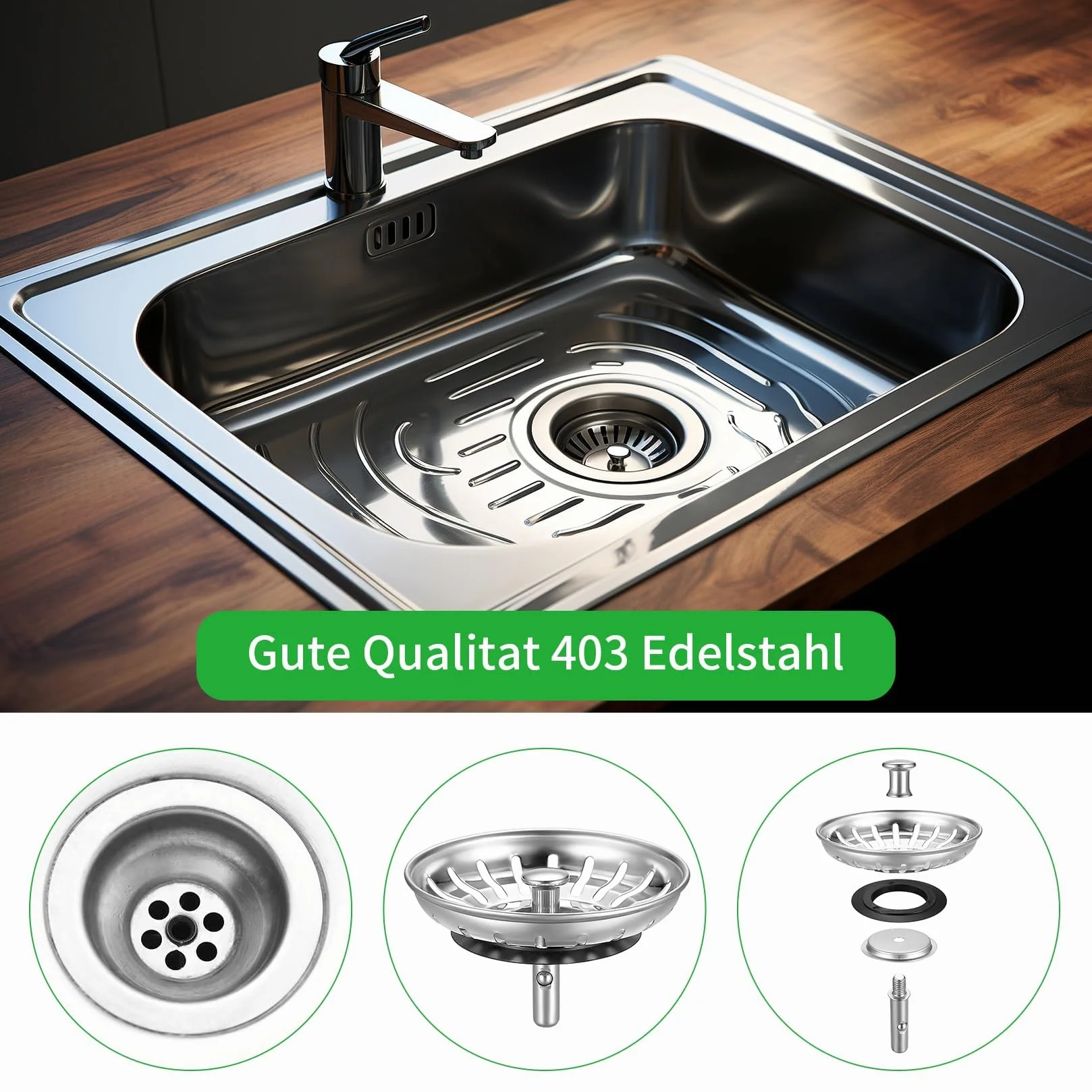 HUAERSICO Sitko odpływowe do zlewu kuchennego Ø 81-82 mm - koszyk sitkowy korek odpływowy - korek do zlewu z regulacją wysokości - korek do zlewozmywaka, do odpływu od 82 mm, 2 uszczelki kosza