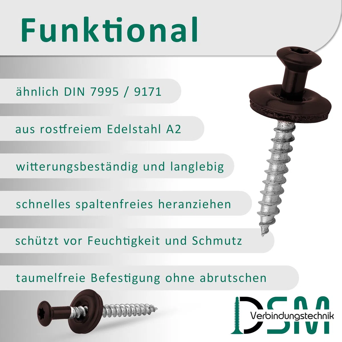 DSM | Zestaw 100 śrub szczelnych brąz sepii 4,5 x 25 mm | Stal szlachetna A2 – Lakier RAL 8014 | Z podkładką uszczelniającą EPDM (15 mm) | Napęd TX | Zgodne z normą DIN 7995 / DIN 9171 |