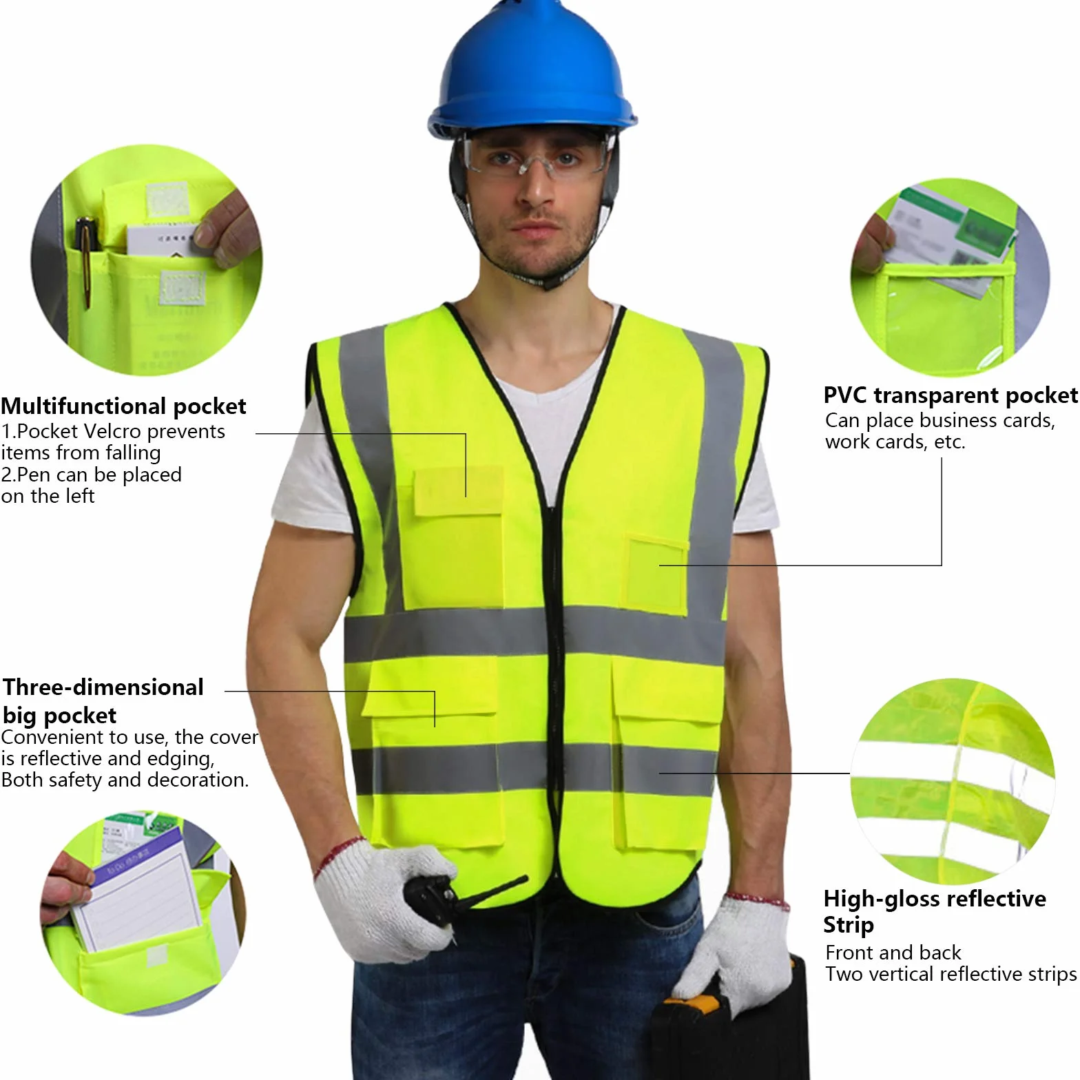 Odblaskowa kamizelka bezpieczeństwa, (2 szt.) wysoka widoczność Hi Vis Viz, kamizelki kurtka unisex kamizelka dla bezpieczeństwa i sytuacji awaryjnych, 5 kieszeni i zamek błyskawiczny z