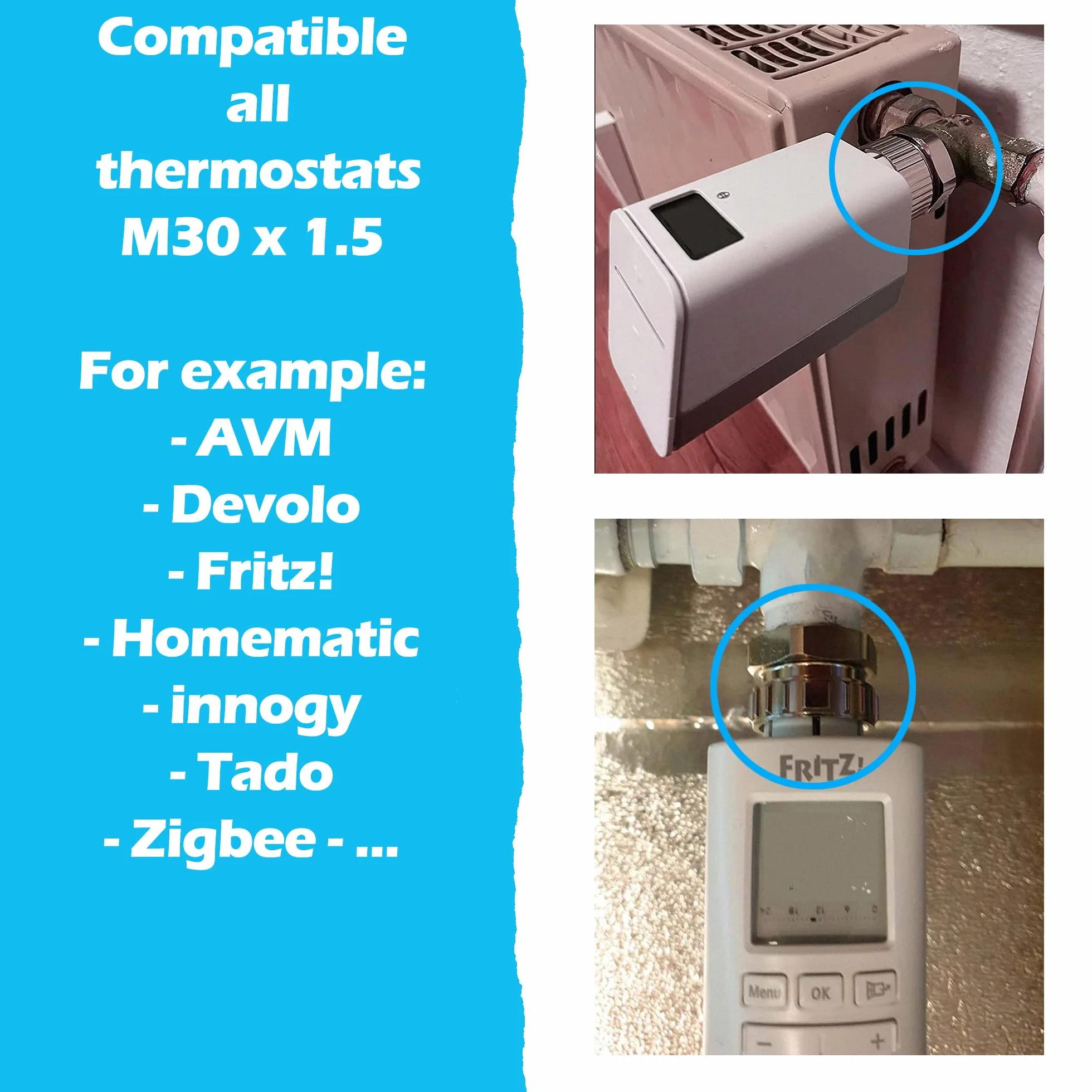 kompatybilny z promiennikami Danfoss RTD: ZESTAW 2 adapterów M30 x1.5 na termostat/głowicę termostatyczną M30x1.5 zewnętrzna