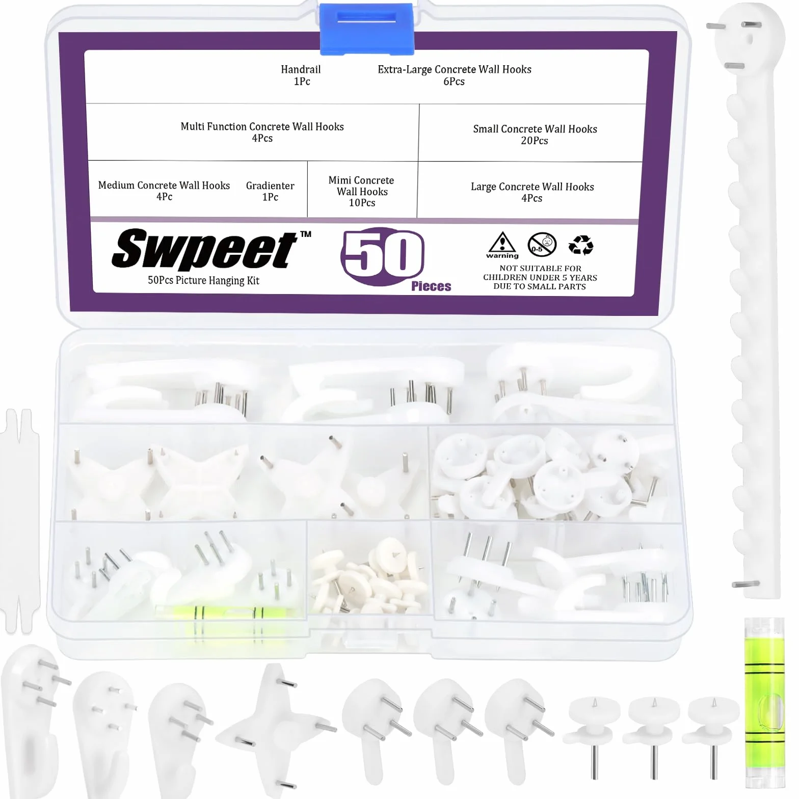 Swpeet Concrete Wall Hooks Kit 52 haczyków do ścian betonowych, haczyki do zawieszania obrazów, wieszaki na ramki na zdjęcia, niewidoczne haczyki do wieszaków, bez uszkodzeń, haczyki ścienne z płyt