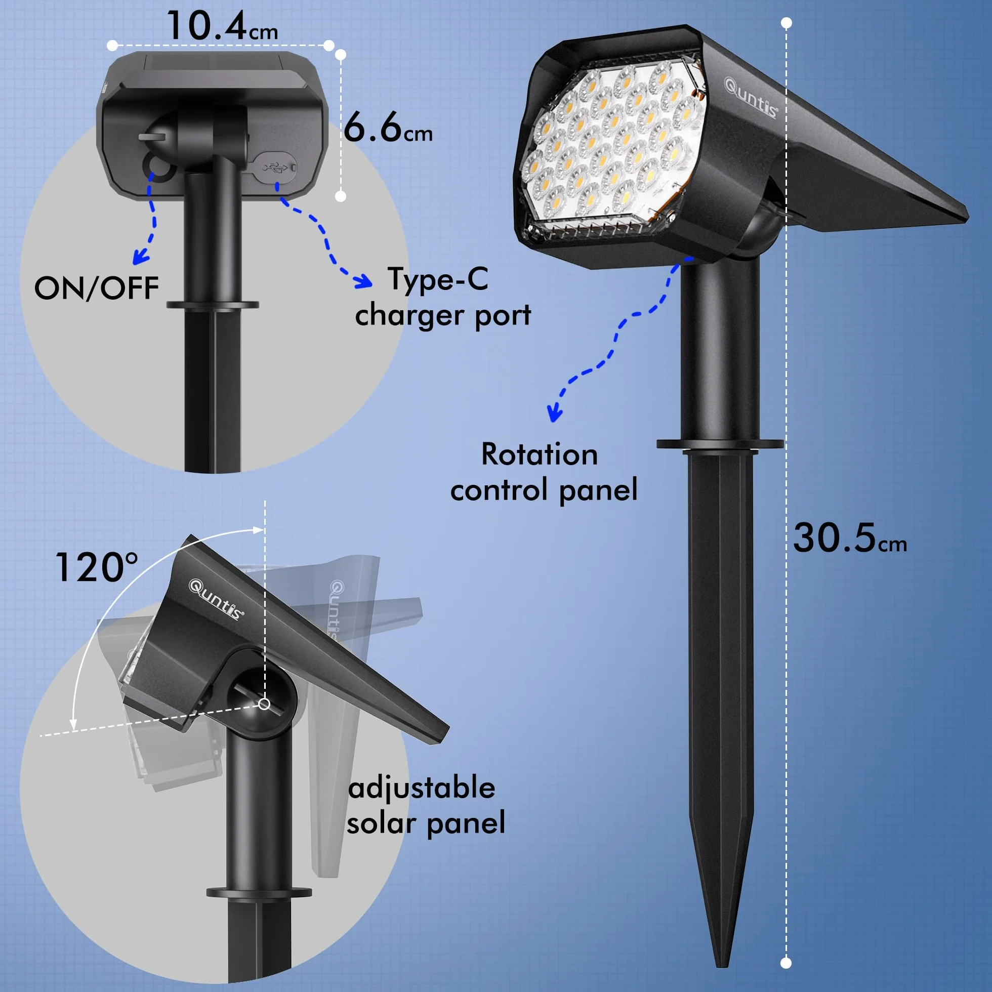 Quntis Zestaw 2 zewnętrznych lamp solarnych IP65 Wodoodporny USB C do ogrodu