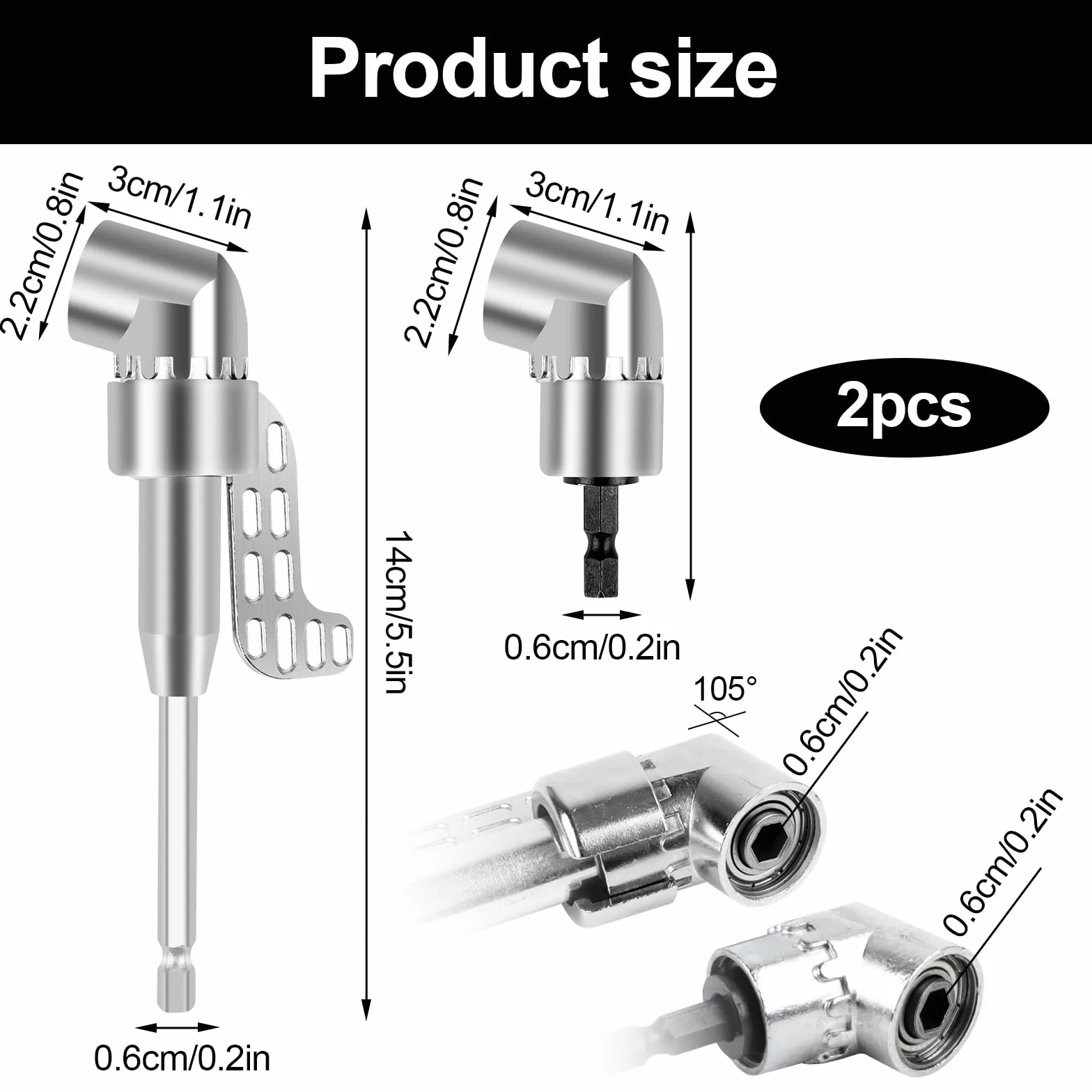 Adapter do wkrętarki kątowej 105°, 2 sztuki wierteł sześciokątnych (długie i krótkie modele), 1/4", sześciokątny trzpień przekładnia kątowa do garażu, pracowników budowlanych