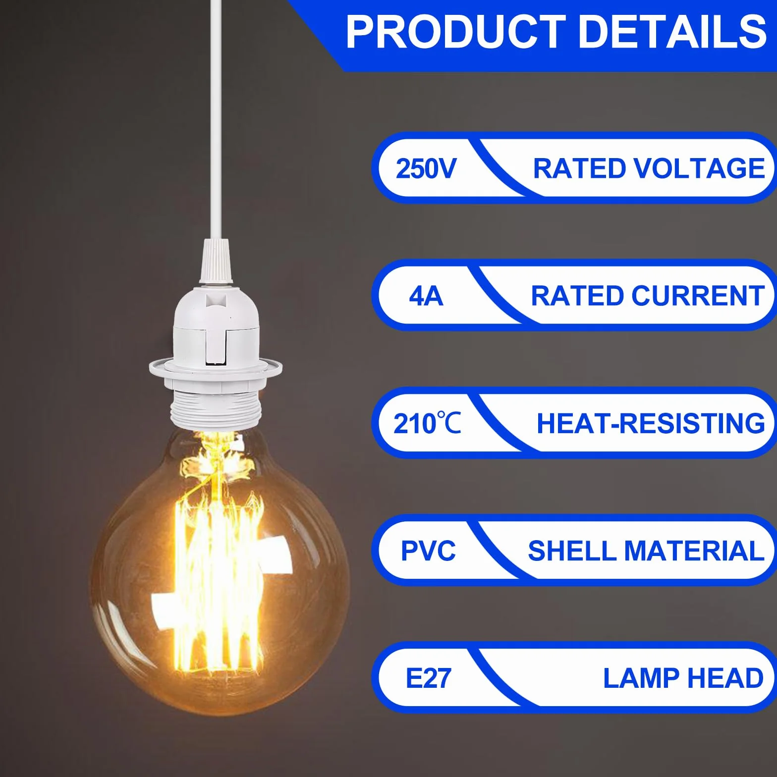 Zestaw 4 oprawek E27 z przełącznikiem i wtyczką EU, kabel 3 m, biały