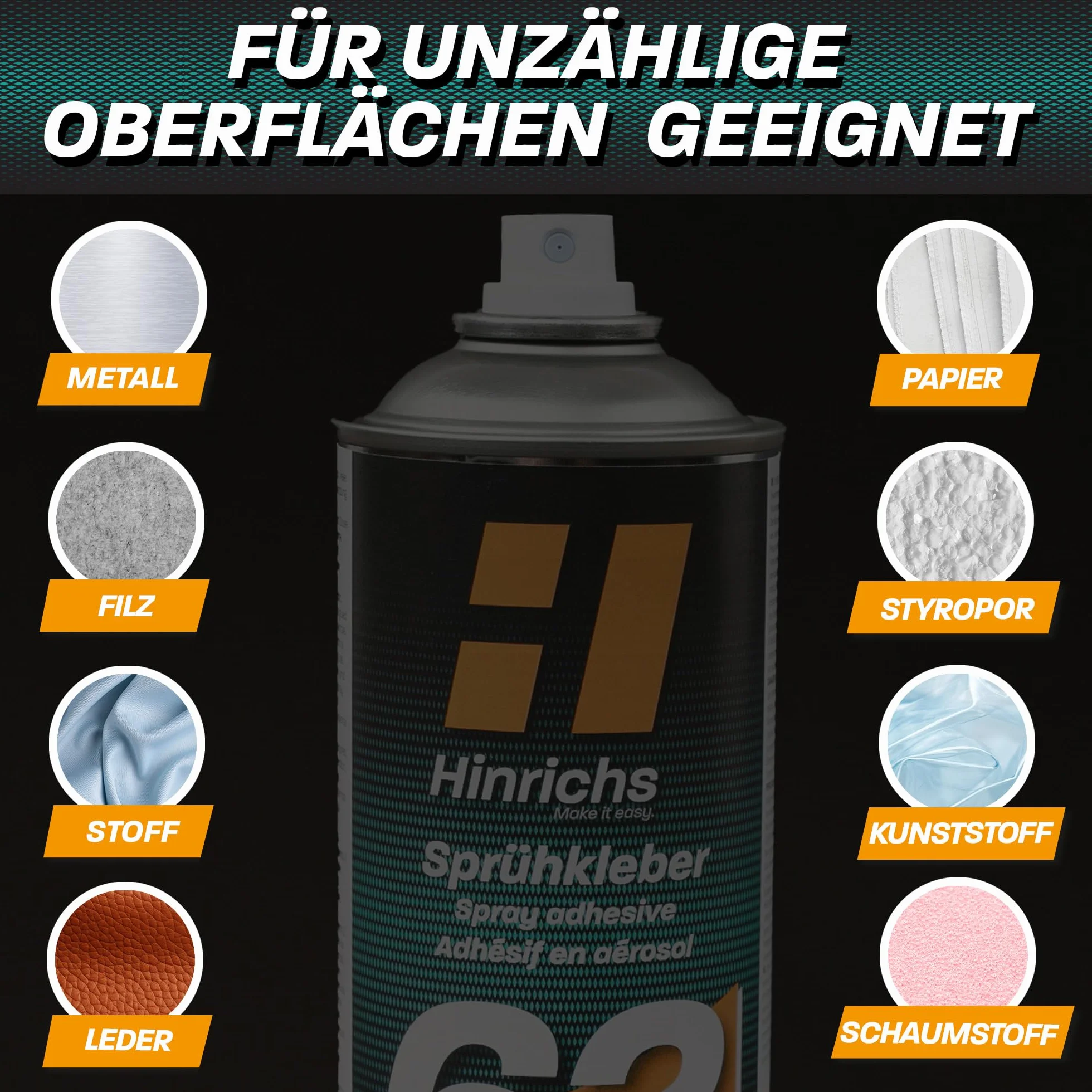 Hinrichs Spray samoprzylepny 400 ml, bardzo mocny i wodoodporny klej do dachów, tkanin, tworzyw sztucznych, papieru, kartonu, styropianu, metalu i wielu innych - majsterkowanie, kreatywne hobby i