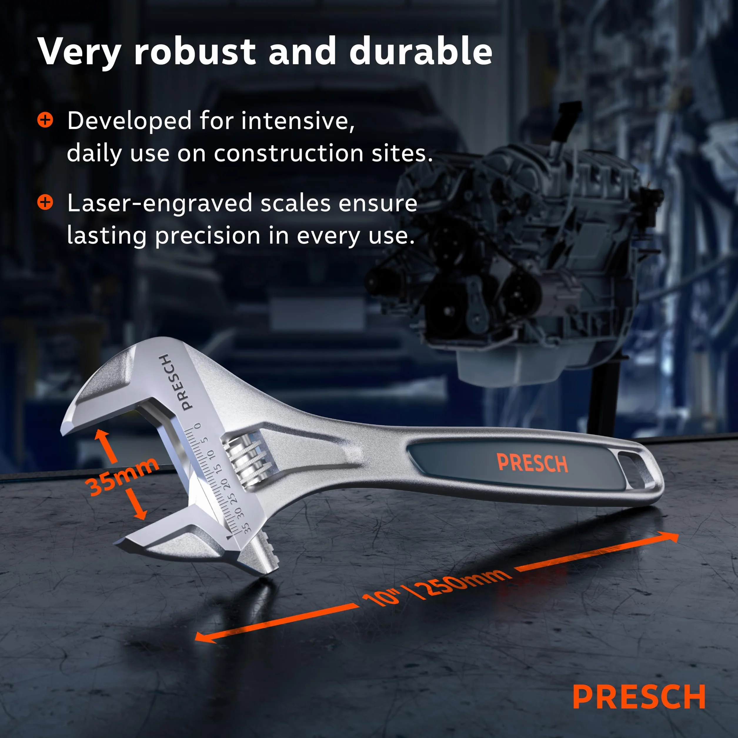 Presch Klucz nastawny 250mm - Laserowo grawerowana skala 35 mm (metryczna i calowa) - Precyzyjnie frezowany dla optymalnego chwytu - Solidny, regulowany klucz - Wysokiej klasy narzędzie