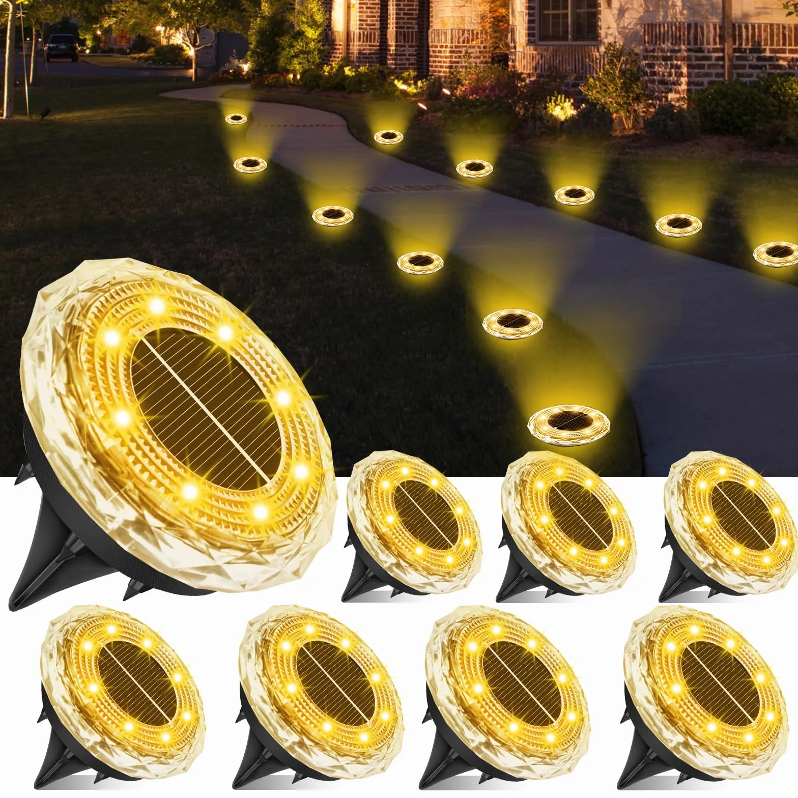 Solarne lampy podłogowe do użytku na zewnątrz, 8 sztuk, lampy solarne do ogrodu, 8 diod LED, wodoszczelne lampy solarne do użytku na zewnątrz, ciepła biel, oświetlenie ogrodowe, do ogrodu, na