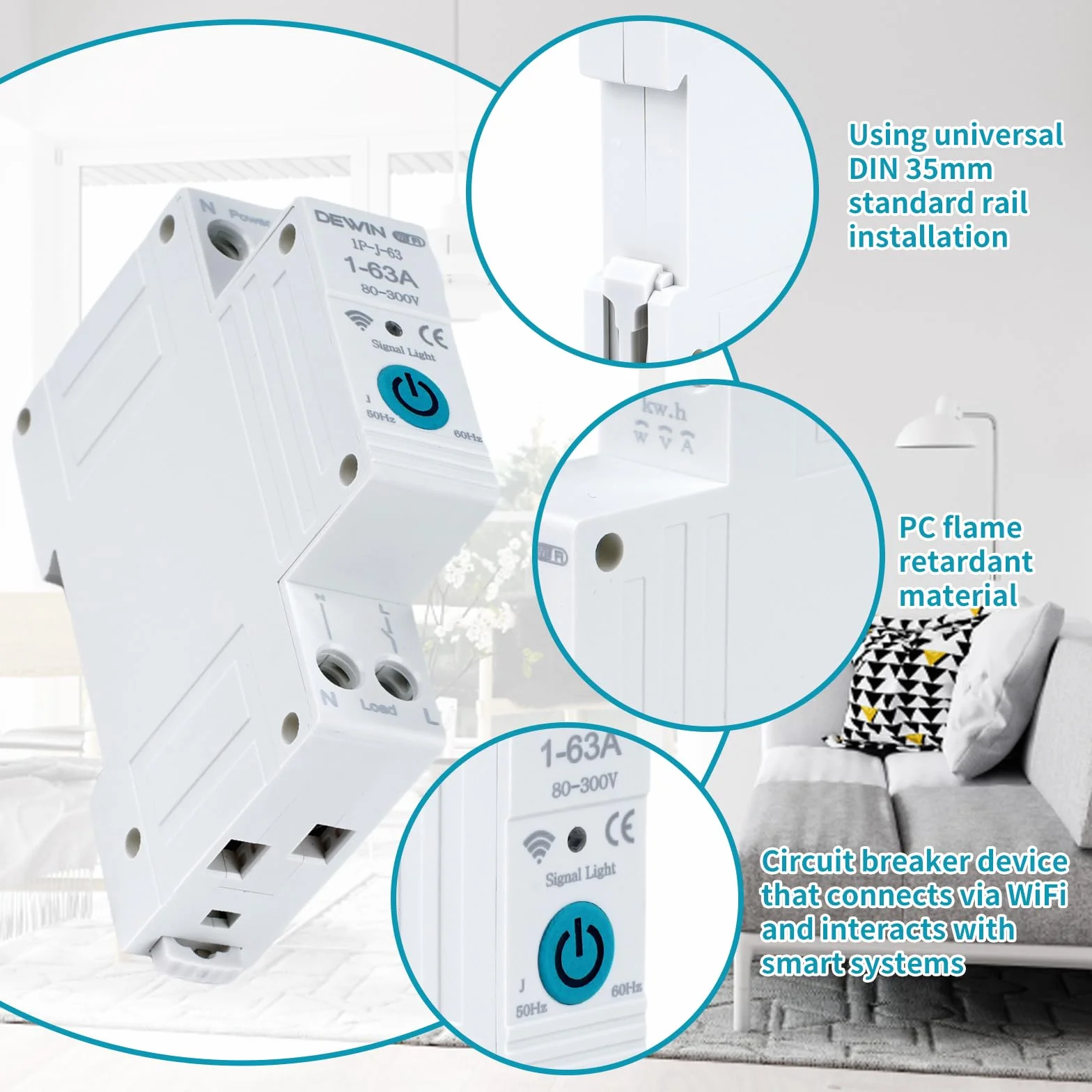 DEWIN Tuya WiFi inteligentny wyłącznik obwodu 1P 63A AC 220V z pomiarem mocy