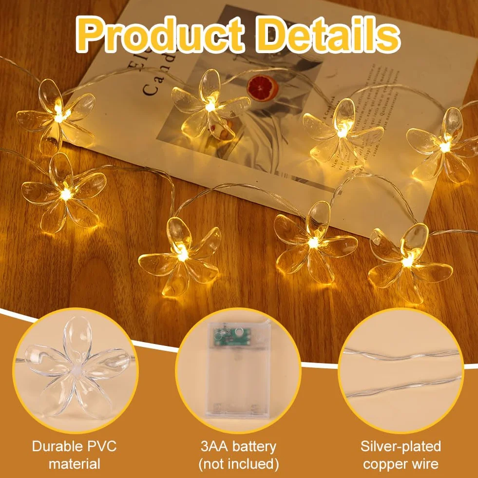 Łańcuch świetlny z kwiatami wiśni, 3M 20 LED, łańcuch świetlny na baterie, wodoszczelny, do ogrodu, na wesele, do wewnątrz, na zewnątrz, na taras, do dekoracji imprez, ciepła biel