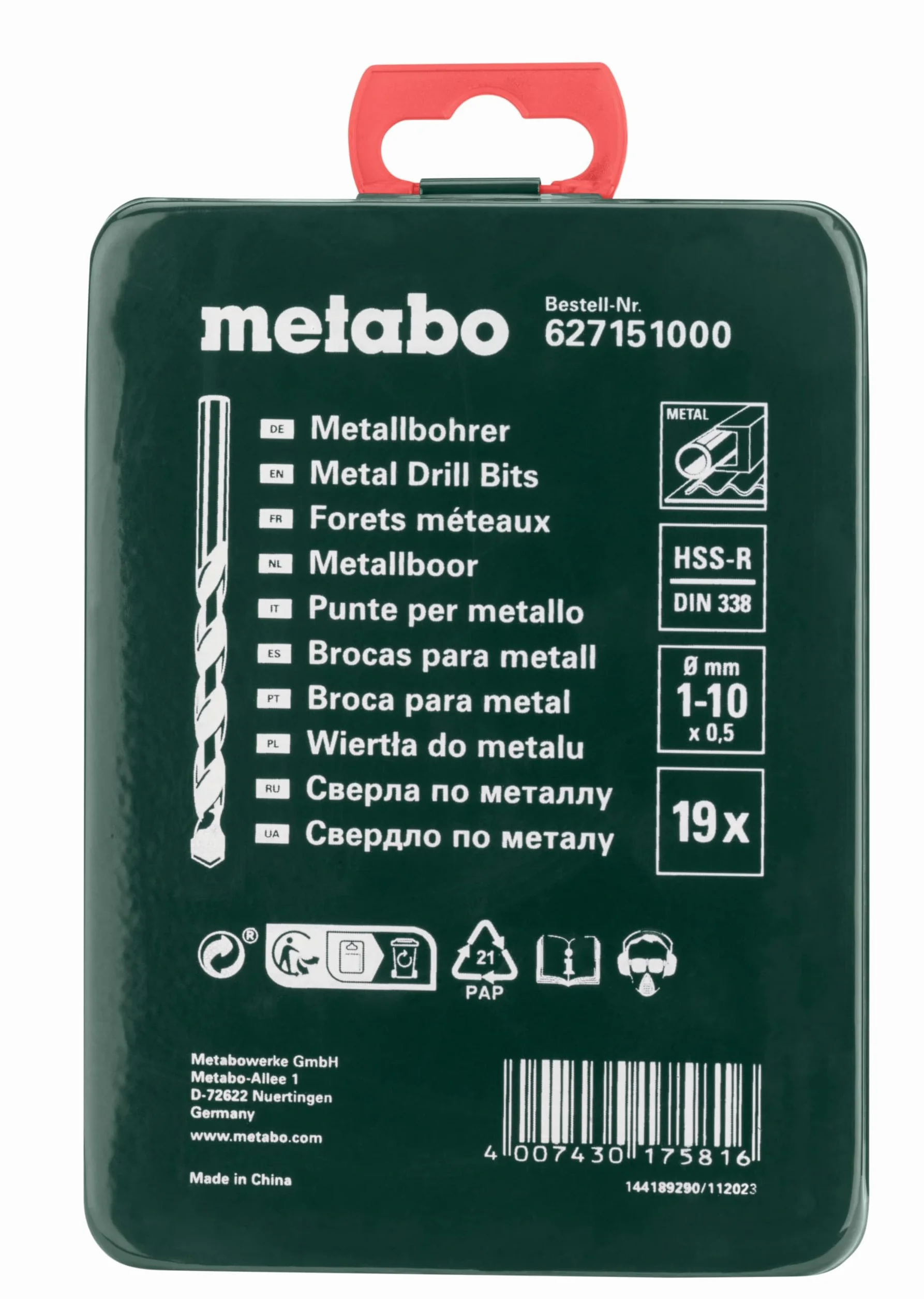 Metabo Estuche HSS-R Brocks 19 Ostre stożkowe powierzchnię 118º od 1,0 do 10,0 mm x 0,5 mm