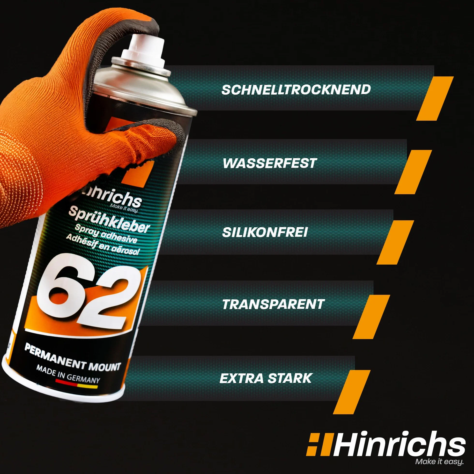 Hinrichs Spray samoprzylepny 400 ml, bardzo mocny i wodoodporny klej do dachów, tkanin, tworzyw sztucznych, papieru, kartonu, styropianu, metalu i wielu innych - majsterkowanie, kreatywne hobby i